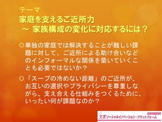 単独の家庭では解決することが難しい課
題に対して、ご近所による助け合いなど
のインフォーマルな関係を築いていくこ
とも必要ではないか？
「スープの冷めない距離」のご近所が、
お互いの選択やプライバシーを尊重しな
がら、支え合える仕組みをつくるために、
いったい何が課題なのか？
テーマ
家庭を支えるご近所力
～ 家族構成の変化に対応するには？
 