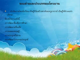  ดาเนินงานโดยนักเรียน เป็นผู้ริเริ่มสร้างสรรค์และครูอาจารย์ เป็นผู้ให้คาแนะนา
ปรึกษา
มีองค์ประกอบดังนี้
-การพัฒนาสื่อเพื่อการศึกษา
-การพัฒนาเครื่องมือ
-การทดลองทฤษฎี
-การประยุกต์ใช้งาน
-การพัฒนาโปรแกรมประยุกต์
 