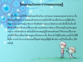  เป็นโครงงานที่ใช้คอมพิวเตอร์ช่วยในการจาลองการทดลองของสาขาต่างๆ ซึ่ง
เป็นงานที่ไม่สามารถทดลองด้วยสถานการณ์จริงได้และเป็นโครงงานที่ผู้ทาต้อง
ศึกษารวบรวมความรู้ หลักการ ข้อเท็จจริง และแนวคิดต่างๆ อย่างลึกซึ้งในเรื่องที่
ต้องการศึกษาแล้วเสนอเป็นแนวคิด แบบจาลอง หลักการ ซึ่งอาจอยู่ในรูปของสูตร
สมการ หรือคาอธิบาย พร้อมทั้งจาลองทฤษฏีด้วยคอมพิวเตอร์ให้ออกมาเป็นภาพ
ภาพที่ได้ก็จะเปลี่ยนไปตามสูตรหรือสมการนั้น ซึ่งจะทาให้ผู้เรียนมีความเข้าใจได้ดี
ยิ่งขึ้น การทาโครงงานประเภทนี้มีจุดสาคัญอยู่ที่ผู้ทาต้องมีความรู้ในเรื่องนั้นๆ เป็น
อย่างดี
 