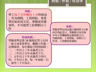 例假 / 休假 / 特別休
假
例假：
勞工每 7 日中應有 1 日的休息
，作為例假，工資照給。事業
單位如非因天災、事變或突發
事件，不可使勞工於例假日工
作。
例假：
勞工每 7 日中應有 1 日的休息
，作為例假，工資照給。事業
單位如非因天災、事變或突發
事件，不可使勞工於例假日工
作。
特別休假：
勞動基準法第 38 條規定勞工在同
一雇主或事業單位，繼續工作滿一
定期間者，每年應給予特別休假：
一、一年以上三年未滿者七日。
二、三年以上五年未滿者十日。
三、五年以上十年未滿者十四日。
四、十年以上者，每一年加給一日
，加至三十日為止。
特別休假：
勞動基準法第 38 條規定勞工在同
一雇主或事業單位，繼續工作滿一
定期間者，每年應給予特別休假：
一、一年以上三年未滿者七日。
二、三年以上五年未滿者十日。
三、五年以上十年未滿者十四日。
四、十年以上者，每一年加給一日
，加至三十日為止。
休假：
勞動基準法同法施行細則第 23 條
所訂的紀念日、勞動節日及其他
中央主管機關規定應放假之日，
均應休假，工資照給。休假日工
作者，工資應加倍發給。
休假：
勞動基準法同法施行細則第 23 條
所訂的紀念日、勞動節日及其他
中央主管機關規定應放假之日，
均應休假，工資照給。休假日工
作者，工資應加倍發給。
 