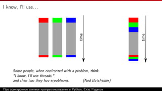I know, I’ll use. . .
time
Some people, when confronted with a problem, think,
"I know, I’ll use threads,"
and then two they hav erpoblesms. (Ned Batchelder)
time
Про асинхронное сетевое программирование и Python, Стас Рудаков
 