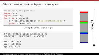 Работа с сетью: дальше будет только хуже
1 #!/usr/bin/env python2
2 import sys
3 import urllib2
4 for i in xrange (5):
5 f = urllib2.urlopen(’http :// python.org/’)
6 print f.read (10) ,
Listing 6: urllib_example2.py
1 $ time python urllib_example2 .py
2 <!DOCTYPE <!DOCTYPE <!DOCTYPE
3
4 real 0m1 .007s
5 user 0m0 .050s
6 sys 0m0 .003s
time/3
Про асинхронное сетевое программирование и Python, Стас Рудаков
 
