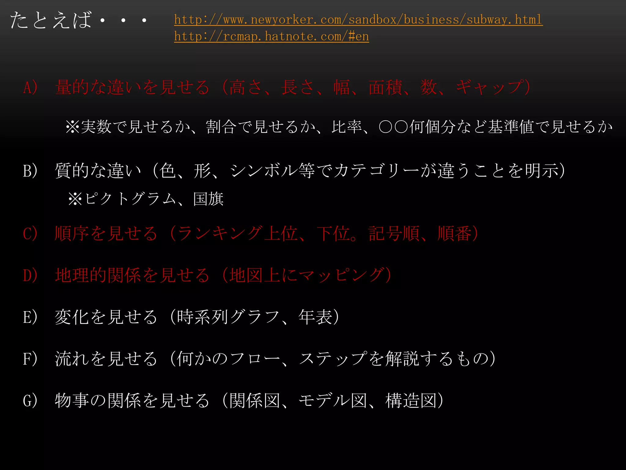 たとえば・・・
A) 量的な違いを見せる（高さ、長さ、幅、面積、数、ギャップ）
B) 質的な違い（色、形、シンボル等でカテゴリーが違うことを明示）
C) 順序を見せる（ランキング上位、下位。記号順、順番）
D) 地理的関係を見せる（地図上にマッピング）
E) 変化を見せる（時系列グラフ、年表）
F) 流れを見せる（何かのフロー、ステップを解説するもの）
G) 物事の関係を見せる（関係図、モデル図、構造図）
http://www.newyorker.com/sandbox/business/subway.html
http://rcmap.hatnote.com/#en
※実数で見せるか、割合で見せるか、比率、○○何個分など基準値で見せるか
※ピクトグラム、国旗
 
