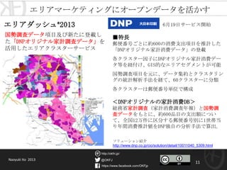 @OKFJ
https://www.facebook.com/OKFjp
http://okfn.jp/
11
エリアダッシュ®2013
国勢調査データ項目及び新たに登載し
た「DNPオリジナル家計調査データ」
を活用したエリアクラスターサービス
■特長
郵便番号ごとに約600の消費支出項目を推計した
「DNPオリジナル家計消費データ」の登載
各クラスター因子にDNPオリジナル家計消費デー
タ等を紐付け、GIS的なエリアセグメントが可能
国勢調査項目を元に、データ集約とクラスタリン
グの統計解析手法を経て、60クラスターに分類
各クラスターは郵便番号単位で構成
＜DNPオリジナルの家計消費DB＞
総務省家計調査（家計消費調査年報）と国勢調
査データをもとに、約600品目の支出額につい
て、全国12万件に区分する郵便番号別に1世帯
当り年間消費推計値をDNP独自の分析手法で算
出。
6月19日サービス開始
ソリューション紹介
http://www.dnp.co.jp/cio/solution/detail/10011040_5309.html
エリアマーケティングにオープンデータを活かす
Naoyuki Ito 2013
 