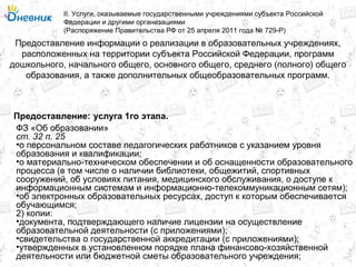 Предоставление информации о реализации в образовательных учреждениях,
расположенных на территории субъекта Российской Федерации, программ
дошкольного, начального общего, основного общего, среднего (полного) общего
образования, а также дополнительных общеобразовательных программ.
II. Услуги, оказываемые государственными учреждениями субъекта Российской
Федерации и другими организациями
(Распоряжение Правительства РФ от 25 апреля 2011 года № 729-Р)
услуга 1го этапа.Предоставление:
ФЗ «Об образовании»
ст. 32 п. 25
•о персональном составе педагогических работников с указанием уровня
образования и квалификации;
•о материально-техническом обеспечении и об оснащенности образовательного
процесса (в том числе о наличии библиотеки, общежитий, спортивных
сооружений, об условиях питания, медицинского обслуживания, о доступе к
информационным системам и информационно-телекоммуникационным сетям);
•об электронных образовательных ресурсах, доступ к которым обеспечивается
обучающимся;
2) копии:
•документа, подтверждающего наличие лицензии на осуществление
образовательной деятельности (с приложениями);
•свидетельства о государственной аккредитации (с приложениями);
•утвержденных в установленном порядке плана финансово-хозяйственной
деятельности или бюджетной сметы образовательного учреждения;
 