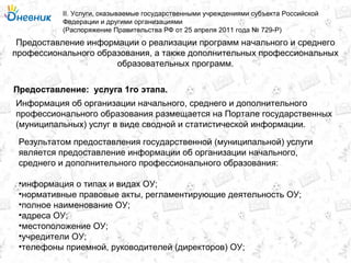 Предоставление информации о реализации программ начального и среднего
профессионального образования, а также дополнительных профессиональных
образовательных программ.
II. Услуги, оказываемые государственными учреждениями субъекта Российской
Федерации и другими организациями
(Распоряжение Правительства РФ от 25 апреля 2011 года № 729-Р)
услуга 1го этапа.Предоставление:
Информация об организации начального, среднего и дополнительного
профессионального образования размещается на Портале государственных
(муниципальных) услуг в виде сводной и статистической информации.
Результатом предоставления государственной (муниципальной) услуги
является предоставление информации об организации начального,
среднего и дополнительного профессионального образования:
•информация о типах и видах ОУ;
•нормативные правовые акты, регламентирующие деятельность ОУ;
•полное наименование ОУ;
•адреса ОУ;
•местоположение ОУ;
•учредители ОУ;
•телефоны приемной, руководителей (директоров) ОУ;
 