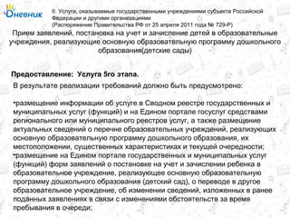 Прием заявлений, постановка на учет и зачисление детей в образовательные
учреждения, реализующие основную образовательную программу дошкольного
образования(детские сады)
II. Услуги, оказываемые государственными учреждениями субъекта Российской
Федерации и другими организациями
(Распоряжение Правительства РФ от 25 апреля 2011 года № 729-Р)
Услуга 5го этапа.Предоставление:
В результате реализации требований должно быть предусмотрено:
•размещение информации об услуге в Сводном реестре государственных и
муниципальных услуг (функций) и на Едином портале госуслуг средствами
регионального или муниципального реестров услуг, а также размещение
актуальных сведений о перечне образовательных учреждений, реализующих
основную образовательную программу дошкольного образования, их
местоположении, существенных характеристиках и текущей очередности;
•размещение на Едином портале государственных и муниципальных услуг
(функций) форм заявлений о постановке на учет и зачислении ребенка в
образовательное учреждение, реализующее основную образовательную
программу дошкольного образования (детский сад), о переводе в другое
образовательное учреждение, об изменении сведений, изложенных в ранее
поданных заявлениях в связи с изменениями обстоятельств за время
пребывания в очереди;
 