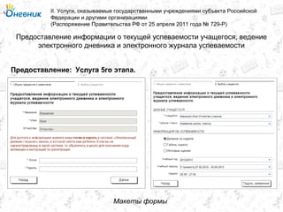 Предоставление информации о текущей успеваемости учащегося, ведение
электронного дневника и электронного журнала успеваемости
II. Услуги, оказываемые государственными учреждениями субъекта Российской
Федерации и другими организациями
(Распоряжение Правительства РФ от 25 апреля 2011 года № 729-Р)
Услуга 5го этапа.Предоставление:
Макеты формы
 