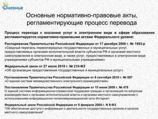 Основные нормативно-правовые акты,
регламентирующие процесс перевода
Процесс перехода к оказанию услуг в электронном виде в сфере образования
регламентируется нормативно-правовыми актами Федерального уровня:
Распоряжение Правительства Российской Федерации от 17 декабря 2009 г. № 1993-р
«Сводный перечень первоочередных государственных и муниципальных услуг,
предоставляемых органами исполнительной власти субъектов РФ и органами местного
самоуправления в электронном виде, а также услуг, предоставляемых в электронном виде
учреждениями субъектов РФ и муниципальными учреждениями»
Федеральный закон от 27 июля 2010 г. № 210-ФЗ
«Об организации предоставления государственных и муниципальных услуг»
Постановление Правительства Российской Федерации от 8 сентября 2010 г. № 697
«О единой системе межведомственного электронного взаимодействия»
Постановление Правительства Российской Федерации от 15 июня 2009 г. № 478
О единой системе информационно-справочной поддержки граждан и организаций по вопросам
взаимодействия с органами исполнительной власти и органами местного самоуправления с
использованием информационно-телекоммуникационной сети Интернет
Федеральный закон Российской Федерации от 9 февраля 2009 г. N 8-ФЗ
"Об обеспечении доступа к информации о деятельности государственных органов и органов
местного самоуправления"
 