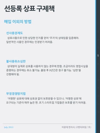 July, 2013 이광재 변리사/고벤처포럼(7月)
선등록상표구제책
선사용권제도
상표사용으로 인한 상당한 인지를 얻어 ‘주지’의 상태임을 입증해야.
일반적인 사용인 경우에는 인정받기 어려움.
불사용취소심판
상대방이 실제로 상표를 사용하지 않는 경우에 한함. 조금이라도 영업사실을
증명하는 경우에는 취소 불가능. 출원 후 3년간은 청구 불가능. ‘심판’을
진행해야 됨.
부정경쟁방지법
‘저명한’ 상표에 대해 상표권 없이 보호받을 수 있으나, ‘저명한 상표’에
요구되는 기준이 매우 높은 편. 초기 스타트업 기업들은 보호를 받기 어려움.
1
2
3
4
5
6
7
8
9
10
11
12
매입 이외의 방법
 