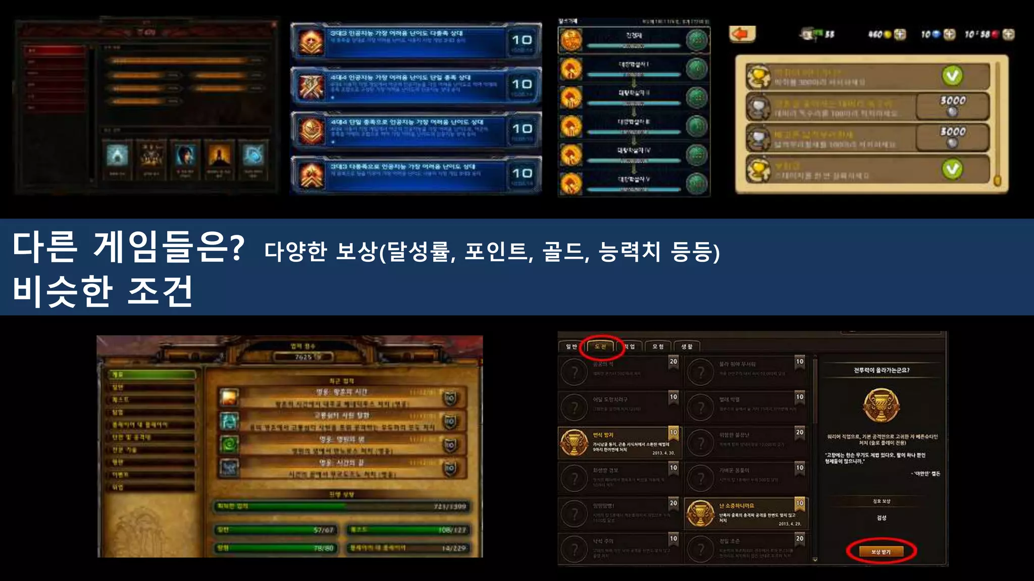 다른 게임들은? 다양한 보상(달성률, 포인트, 골드, 능력치 등등)
비슷한 조건
 