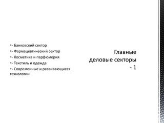 - Банковский сектор
- Фармацевтический сектор
- Косметика и парфюмерия
- Текстиль и одежда
- Современные и развивающиеся
технологии
 