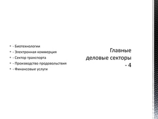  - Биотехнологии
 - Электронная коммерция
 - Сектор транспорта
 - Производство продовольствия
 - Финансовые услуги
 