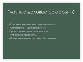 Главные деловые секторы - 6
• - Компьютеры и офисные принадлежности
• - Страхование и здравоохранение
• - Транспортные средства и запчасти
• - Управление персоналом
• - Программное и аппаратное обеспечение
 