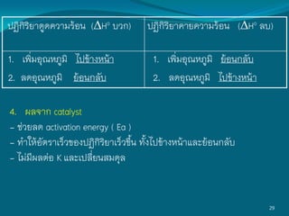 ปฏิกิริยาดูดความร้อน (Ho บวก) ปฏิกิริยาคายความร้อน (Ho ลบ)
1. เพิ่มอุณหภูมิ ไปข้างหน้า
2. ลดอุณหภูมิ ย้อนกลับ
1. เพิ่มอุณหภูมิ ย้อนกลับ
2. ลดอุณหภูมิ ไปข้างหน้า
29
4. ผลจาก catalyst
- ช่วยลด activation energy ( Ea )
- ท้าให้อัตราเร็วของปฏิกิริยาเร็วขึ้น ทั้งไปข้างหน้าและย้อนกลับ
- ไม่มีผลต่อ Kและเปลี่ยนสมดุล
 