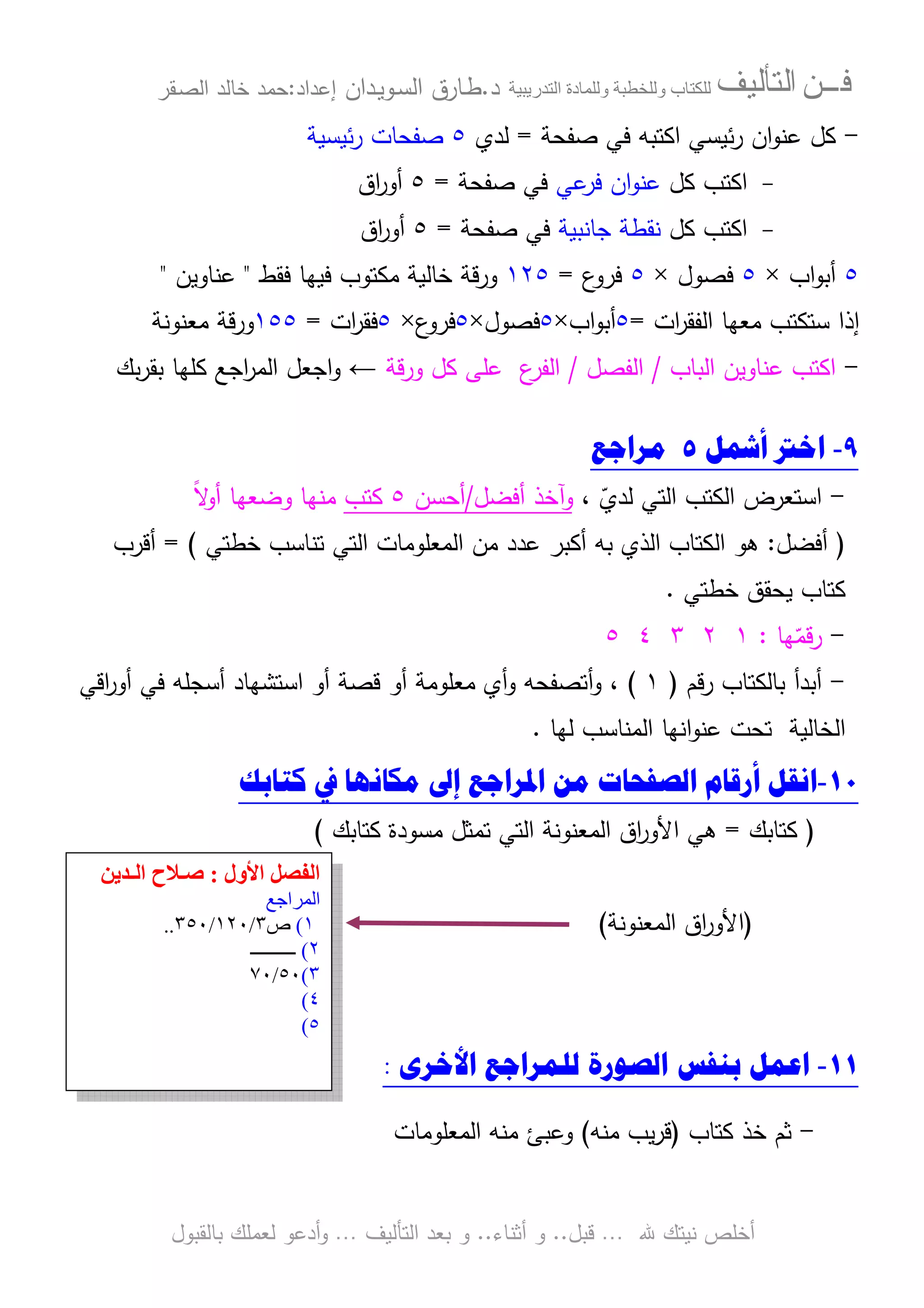 ‫ﻓـــﻦ‬‫ﺍﻟﺘﺄﻟﻴﻒ‬‫و‬ ‫ب‬‫و‬‫د‬‫ة‬‫ر‬ ‫ا‬‫د‬.‫ط‬‫ـ‬‫اﻝﺴ‬ ‫ﺎرق‬‫ـ‬‫وﻴ‬‫ـ‬‫دان‬‫إﻋداد‬:‫ﺤﻤد‬‫اﻝﺼ‬ ‫ﺨﺎﻝد‬‫ـ‬‫ﻘر‬
‫ﷲ‬ ‫ﻨﻴﺘك‬ ‫أﺨﻠص‬…‫ﻗﺒل‬..‫أﺜﻨﺎء‬ ‫و‬..‫اﻝﺘﺄﻝﻴف‬ ‫ﺒﻌد‬ ‫و‬…‫أدﻋو‬‫و‬‫ﺒﺎﻝﻘﺒول‬ ‫ﻝﻌﻤﻠك‬
-‫ﺼﻔﺤﺔ‬ ‫ﻓﻲ‬ ‫اﻜﺘﺒﻪ‬ ‫ﺌﻴﺴﻲ‬‫ر‬ ‫ان‬‫و‬‫ﻋﻨ‬ ‫ﻜل‬=‫ﻝدي‬٥‫ﺌﻴﺴﻴﺔ‬‫ر‬ ‫ﺼﻔﺤﺎت‬
-‫ﻜل‬ ‫اﻜﺘب‬‫ﻋﻲ‬‫ﻓر‬ ‫ان‬‫و‬‫ﻋﻨ‬‫ﺼﻔﺤﺔ‬ ‫ﻓﻲ‬=٥‫اق‬‫ر‬‫أو‬
-‫ﻜل‬ ‫اﻜﺘب‬‫ﺠﺎﻨﺒﻴﺔ‬ ‫ﻨﻘطﺔ‬‫ﺼﻔﺤﺔ‬ ‫ﻓﻲ‬=٥‫اق‬‫ر‬‫أو‬
٥‫اب‬‫و‬‫أﺒ‬×٥‫ﻓﺼول‬×٥‫ع‬‫ﻓرو‬=١٢٥‫و‬‫ﻤ‬ ‫ﺨﺎﻝﻴﺔ‬ ‫رﻗﺔ‬‫ﻓﻘط‬ ‫ﻓﻴﻬﺎ‬ ‫ﻜﺘوب‬"‫ﻋﻨﺎوﻴن‬"
‫ات‬‫ر‬‫اﻝﻔﻘ‬ ‫ﻤﻌﻬﺎ‬ ‫ﺴﺘﻜﺘب‬ ‫إذا‬=٥‫اب‬‫و‬‫أﺒ‬×٥‫ﻓﺼول‬×٥‫ع‬‫ﻓرو‬×٥‫ات‬‫ر‬‫ﻓﻘ‬=١٥٥‫ﻤﻌﻨوﻨﺔ‬ ‫ورﻗﺔ‬
-‫اﻝﺒﺎب‬ ‫ﻋﻨﺎوﻴن‬ ‫اﻜﺘب‬/‫اﻝﻔﺼل‬/‫ورﻗﺔ‬ ‫ﻜل‬ ‫ﻋﻠﻰ‬ ‫ع‬‫اﻝﻔر‬←‫و‬‫ﺒك‬‫ر‬‫ﺒﻘ‬ ‫ﻜﻠﻬﺎ‬ ‫اﺠﻊ‬‫ر‬‫اﻝﻤ‬ ‫اﺠﻌل‬
٩-‫ﺃﴰﻞ‬ ‫ﺍﺧﱰ‬٥‫ﻣﺮﺍﺟﻊ‬
-، ّ‫ﻝدي‬ ‫اﻝﺘﻲ‬ ‫اﻝﻜﺘب‬ ‫اﺴﺘﻌرض‬‫وآﺨذ‬‫أﻓﻀل‬/‫أﺤﺴن‬٥‫ﻜﺘب‬‫ﻤﻨﻬﺎ‬‫أ‬ ‫وﻀﻌﻬﺎ‬ً‫ﻻ‬‫و‬
)‫أﻓﻀل‬:‫ﺨطﺘﻲ‬ ‫ﺘﻨﺎﺴب‬ ‫اﻝﺘﻲ‬ ‫اﻝﻤﻌﻠوﻤﺎت‬ ‫ﻤن‬ ‫ﻋدد‬ ‫أﻜﺒر‬ ‫ﺒﻪ‬ ‫اﻝذي‬ ‫اﻝﻜﺘﺎب‬ ‫ﻫو‬= (‫أﻗرب‬
‫ﺨطﺘﻲ‬ ‫ﻴﺤﻘق‬ ‫ﻜﺘﺎب‬.
-‫ﻬﺎ‬ّ‫رﻗﻤ‬:١٢٣٤٥
-‫ﺒﺎﻝﻜﺘﺎب‬ ‫أﺒدأ‬‫رﻗم‬)١(‫اﻗﻲ‬‫ر‬‫أو‬ ‫ﻓﻲ‬ ‫أﺴﺠﻠﻪ‬ ‫اﺴﺘﺸﻬﺎد‬ ‫أو‬ ‫ﻗﺼﺔ‬ ‫أو‬ ‫ﻤﻌﻠوﻤﺔ‬ ‫أي‬‫و‬ ‫أﺘﺼﻔﺤﻪ‬‫و‬ ،
‫ا‬‫ﻝﻬﺎ‬ ‫اﻝﻤﻨﺎﺴب‬ ‫اﻨﻬﺎ‬‫و‬‫ﻋﻨ‬ ‫ﺘﺤت‬ ‫ﻝﺨﺎﻝﻴﺔ‬.
١٠-‫ﺍﻟﺼﻔﺤﺎ‬ ‫ﺃﺭﻗﺎﻡ‬ ‫ﺍﻧﻘﻞ‬‫ﻛﺘﺎﺑﻚ‬ ‫ﰲ‬ ‫ﻣﻜﺎﻧﻬﺎ‬ ‫ﺇﱃ‬ ‫ﺍﳌﺮﺍﺟﻊ‬ ‫ﻣﻦ‬ ‫ﺕ‬
)‫ﻜﺘﺎﺒك‬=‫ﻜﺘﺎﺒك‬ ‫ﻤﺴودة‬ ‫ﺘﻤﺜل‬ ‫اﻝﺘﻲ‬ ‫اﻝﻤﻌﻨوﻨﺔ‬ ‫اق‬‫ر‬‫اﻷو‬ ‫ﻫﻲ‬(
)‫اﻝﻤﻌﻨوﻨ‬ ‫اق‬‫ر‬‫اﻷو‬‫ﺔ‬(
١١-‫ﺍﻷﺧﺮﻯ‬ ‫ﻟﻠﻤﺮﺍﺟﻊ‬ ‫ﺍﻟﺼﻮﺭﺓ‬ ‫ﺑﻨﻔﺲ‬ ‫ﺍﻋﻤﻞ‬:
-‫ﻜﺘﺎب‬ ‫ﺨذ‬ ‫ﺜم‬)‫ﻤﻨﻪ‬ ‫ﻴب‬‫ر‬‫ﻗ‬(‫اﻝﻤﻌﻠوﻤﺎت‬ ‫ﻤﻨﻪ‬ ‫وﻋﺒﺊ‬
‫ول‬ ‫ا‬ ‫ا‬:‫ﺻ‬‫ـ‬‫ا‬ ‫ح‬‫ـ‬
1 ‫"ا‬ ‫ا‬
١(‫ص‬٣/١٢٠/٣٥٠..
٢(‫ــــــــــ‬
٣(٥٠/٧٠
٤(
٥(
 