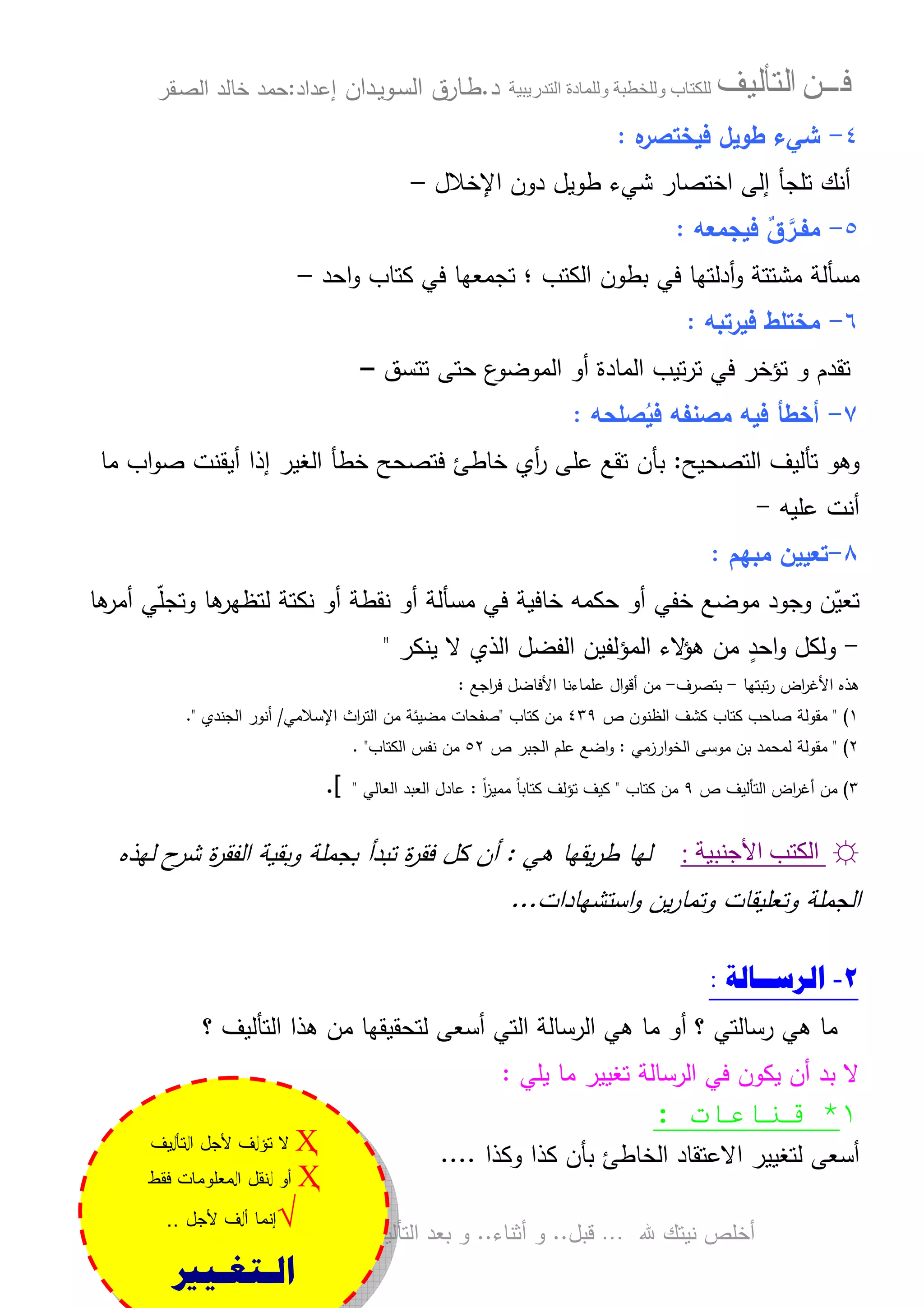 ‫ﻓـــﻦ‬‫ﺍﻟﺘﺄﻟﻴﻒ‬‫و‬ ‫ب‬‫و‬‫د‬‫ة‬‫ر‬ ‫ا‬‫د‬.‫ط‬‫ـ‬‫اﻝﺴ‬ ‫ﺎرق‬‫ـ‬‫وﻴ‬‫ـ‬‫دان‬‫إﻋداد‬:‫ﺤﻤد‬‫اﻝﺼ‬ ‫ﺨﺎﻝد‬‫ـ‬‫ﻘر‬
‫ﷲ‬ ‫ﻨﻴﺘك‬ ‫أﺨﻠص‬…‫ﻗﺒل‬..‫أﺜﻨﺎء‬ ‫و‬..‫اﻝﺘﺄﻝﻴف‬ ‫ﺒﻌد‬ ‫و‬…‫أدﻋو‬‫و‬‫ﺒﺎﻝﻘﺒول‬ ‫ﻝﻌﻤﻠك‬
٤-‫ﻩ‬‫ﻓﻴﺨﺘﺼر‬ ‫طوﻴل‬ ‫ﺸﻲء‬:
‫ﺘﻠﺠﺄ‬ ‫أﻨك‬‫اﺨﺘﺼﺎر‬ ‫إﻝﻰ‬‫طوﻴل‬ ‫ﺸﻲء‬‫اﻹﺨﻼل‬ ‫دون‬–
٥-‫ﻓﻴﺠﻤﻌﻪ‬ ٌ‫ق‬ ‫ﻤﻔـر‬:
‫اﺤد‬‫و‬ ‫ﻜﺘﺎب‬ ‫ﻓﻲ‬ ‫ﺘﺠﻤﻌﻬﺎ‬ ‫؛‬ ‫اﻝﻜﺘب‬ ‫ﺒطون‬ ‫ﻓﻲ‬ ‫أدﻝﺘﻬﺎ‬‫و‬ ‫ﻤﺸﺘﺘﺔ‬ ‫ﻤﺴﺄﻝﺔ‬–
٦-‫ﻓﻴرﺘﺒﻪ‬ ‫ﻤﺨﺘﻠط‬:
‫ع‬‫اﻝﻤوﻀو‬ ‫أو‬ ‫اﻝﻤﺎدة‬ ‫ﺘﻴب‬‫ر‬‫ﺘ‬ ‫ﻓﻲ‬ ‫ﺘؤﺨر‬ ‫و‬ ‫ﺘﻘدم‬‫ﺘﺘﺴق‬ ‫ﺤﺘﻰ‬–
٧-‫ﺼﻠﺤﻪ‬ُ‫ﻓﻴ‬ ‫ﻤﺼﻨﻔﻪ‬ ‫ﻓﻴﻪ‬ ‫أﺨطﺄ‬:
‫اﻝﺘﺼﺤﻴﺢ‬ ‫ﺘﺄﻝﻴف‬ ‫وﻫو‬:‫ﺒ‬‫ﺄن‬‫ﺘ‬‫ﻘﻊ‬‫ﻋ‬‫ﻓ‬ ‫ﺨﺎطﺊ‬ ‫أي‬‫ر‬ ‫ﻠﻰ‬‫ﺘ‬‫ﺼﺤﺢ‬‫ﺨطﺄ‬‫أﻴﻘﻨ‬ ‫إذا‬ ‫اﻝﻐﻴر‬‫ت‬‫ﻤﺎ‬ ‫اب‬‫و‬‫ﺼ‬
‫أﻨت‬‫ﻋﻠﻴﻪ‬-
٨-‫ﻤﺒﻬم‬ ‫ﺘﻌﻴﻴن‬:
‫ﺨﻔﻲ‬ ‫ﻤوﻀﻊ‬ ‫وﺠود‬ ‫ن‬ّ‫ﺘﻌﻴ‬‫ﺨﺎﻓﻴﺔ‬ ‫ﺤﻜﻤﻪ‬ ‫أو‬‫ﻫﺎ‬‫أﻤر‬ ‫ﻲ‬ّ‫ﻠ‬‫وﺘﺠ‬ ‫ﻫﺎ‬‫ﻝﺘظﻬر‬ ‫ﻨﻜﺘﺔ‬ ‫أو‬ ‫ﻨﻘطﺔ‬ ‫أو‬ ‫ﻤﺴﺄﻝﺔ‬ ‫ﻓﻲ‬
-‫ﻴﻨﻜر‬ ‫ﻻ‬ ‫اﻝذي‬ ‫اﻝﻔﻀل‬ ‫اﻝﻤؤﻝﻔﻴن‬ ‫ﻻء‬‫ﻫؤ‬ ‫ﻤن‬ ٍ‫اﺤد‬‫و‬ ‫وﻝﻜل‬"
‫ﺘﺒﺘﻬﺎ‬‫ر‬ ‫اض‬‫ر‬‫اﻷﻏ‬ ‫ﻫذﻩ‬-‫ﺒﺘﺼرف‬-‫اﺠﻊ‬‫ر‬‫ﻓ‬ ‫اﻷﻓﺎﻀل‬ ‫ﻋﻠﻤﺎءﻨﺎ‬ ‫ال‬‫و‬‫أﻗ‬ ‫ﻤن‬:
١("‫ﻤﻘ‬‫وﻝﺔ‬‫اﻝظﻨون‬ ‫ﻜﺸف‬ ‫ﻜﺘﺎب‬ ‫ﺼﺎﺤب‬‫ص‬٤٣٩‫ﻜﺘﺎب‬ ‫ﻤن‬"‫اﻹﺴﻼﻤﻲ‬ ‫اث‬‫ر‬‫اﻝﺘ‬ ‫ﻤن‬ ‫ﻤﻀﻴﺌﺔ‬ ‫ﺼﻔﺤﺎت‬/‫اﻝﺠﻨدي‬ ‫أﻨور‬."
٢" (‫ارزﻤﻲ‬‫و‬‫اﻝﺨ‬ ‫ﻤوﺴﻰ‬ ‫ﺒن‬ ‫ﻝﻤﺤﻤد‬ ‫ﻤﻘوﻝﺔ‬:‫اﻝﺠﺒر‬ ‫ﻋﻠم‬ ‫اﻀﻊ‬‫و‬‫ص‬٥٢‫اﻝﻜﺘﺎب‬ ‫ﻨﻔس‬ ‫ﻤن‬. "
٣(‫ﻤن‬‫ص‬ ‫اﻝﺘﺄﻝﻴف‬ ‫اض‬‫ر‬‫أﻏ‬٩‫ﻜﺘﺎب‬ ‫ﻤن‬"ً‫ا‬‫ز‬‫ﻤﻤﻴ‬ ً‫ﺎ‬‫ﻜﺘﺎﺒ‬ ‫ﺘؤﻝف‬ ‫ﻜﻴف‬:‫اﻝﻌﺎﻝﻲ‬ ‫اﻝﻌﺒد‬ ‫ﻋﺎدل‬"[.
☼‫ا‬ ‫ا‬:‫ﻝﻬﺎ‬‫ﻫﻲ‬ ‫ﻴﻘﻬﺎ‬‫ر‬‫ط‬:‫أن‬‫ﻝﻬذﻩ‬ ‫ح‬‫ﺸر‬ ‫ة‬‫ر‬‫اﻝﻔﻘ‬ ‫وﺒﻘﻴﺔ‬ ‫ﺒﺠﻤﻠﺔ‬ ‫ﺘﺒدأ‬ ‫ة‬‫ر‬‫ﻓﻘ‬ ‫ﻜل‬
‫اﺴﺘﺸﻬﺎدات‬‫و‬ ‫ﻴن‬‫ر‬‫وﺘﻤﺎ‬ ‫وﺘﻌﻠﻴﻘﺎت‬ ‫اﻝﺠﻤﻠﺔ‬...
٢-‫ﺍﻟﺮﺳــﺎﻟﺔ‬:
‫ﻤﺎ‬‫؟‬ ‫رﺴﺎﻝﺘﻲ‬ ‫ﻫﻲ‬‫؟‬ ‫اﻝﺘﺄﻝﻴف‬ ‫ﻫذا‬ ‫ﻤن‬ ‫ﻝﺘﺤﻘﻴﻘﻬﺎ‬ ‫أﺴﻌﻰ‬ ‫اﻝﺘﻲ‬ ‫اﻝرﺴﺎﻝﺔ‬ ‫ﻫﻲ‬ ‫ﻤﺎ‬ ‫أو‬
‫ﻓﻲ‬ ‫ﻴﻜون‬ ‫أن‬ ‫ﺒد‬ ‫ﻻ‬‫ﺘﻐﻴﻴر‬ ‫اﻝرﺴﺎﻝﺔ‬‫ﻴﻠﻲ‬ ‫ﻤﺎ‬:
١*‫ت‬ '(:
‫أﺴ‬‫وﻜذا‬ ‫ﻜذا‬ ‫ﺒﺄن‬ ‫اﻝﺨﺎطﺊ‬ ‫اﻻﻋﺘﻘﺎد‬ ‫ﻝﺘﻐﻴﻴر‬ ‫ﻌﻰ‬....Ҳ‫ﺍﻝﺘﺄﻝﻴﻑ‬ ‫ﻷﺠل‬ ‫ﺘﺅﻝﻑ‬ ‫ﻻ‬
Ҳ‫ﻓﻘﻁ‬ ‫ﺍﻝﻤﻌﻠﻭﻤﺎﺕ‬ ‫ﻝﻨﻘل‬ ‫ﺃﻭ‬
√‫ﺇﻨﻤﺎ‬‫ﻷﺠل‬ ‫ﺃﻝﻑ‬..
‫ﺍﻟـﺘﻐـﻴﲑ‬
 