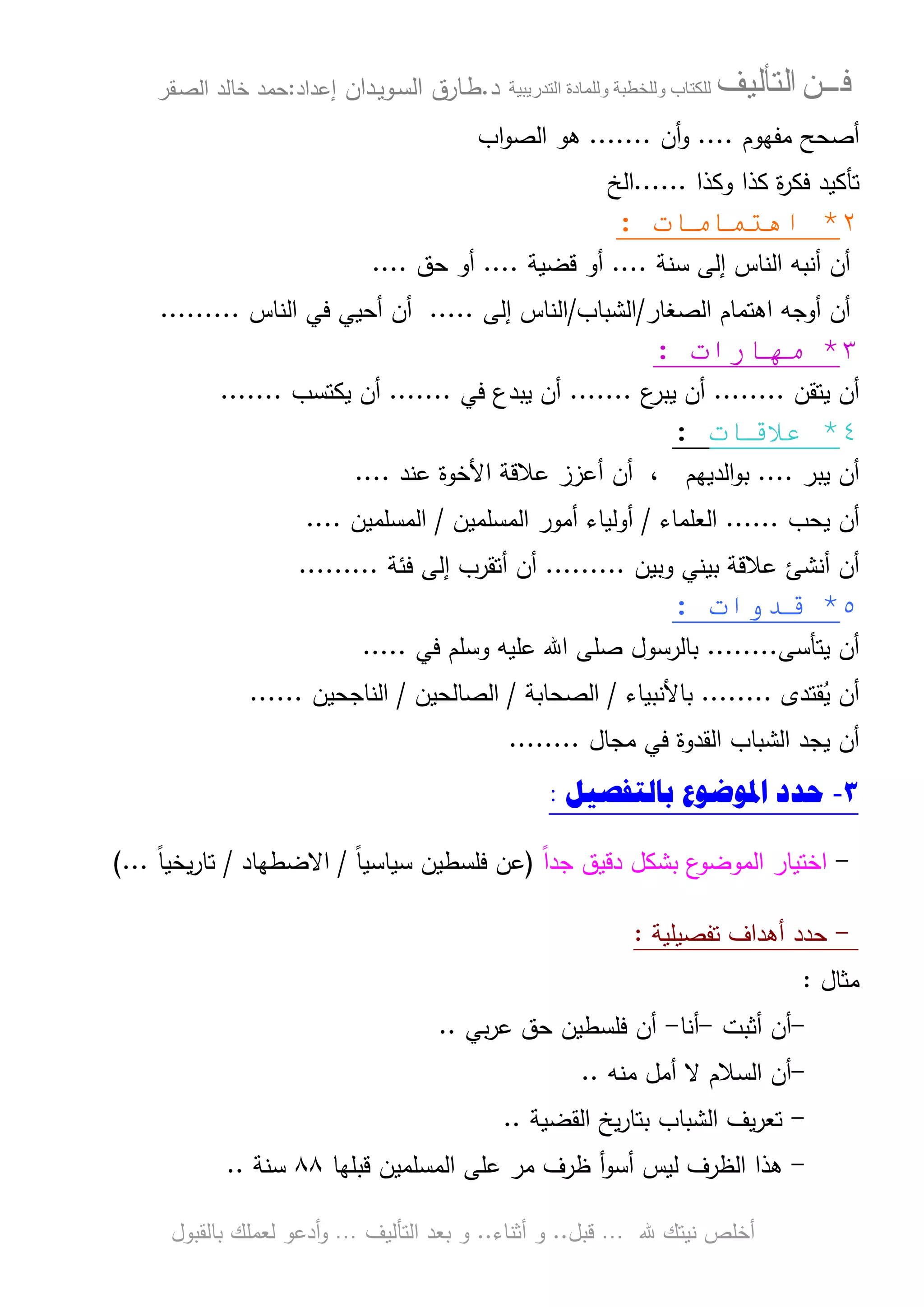 ‫ﻓـــﻦ‬‫ﺍﻟﺘﺄﻟﻴﻒ‬‫و‬ ‫ب‬‫و‬‫د‬‫ة‬‫ر‬ ‫ا‬‫د‬.‫ط‬‫ـ‬‫اﻝﺴ‬ ‫ﺎرق‬‫ـ‬‫وﻴ‬‫ـ‬‫دان‬‫إﻋداد‬:‫ﺤﻤد‬‫اﻝﺼ‬ ‫ﺨﺎﻝد‬‫ـ‬‫ﻘر‬
‫ﷲ‬ ‫ﻨﻴﺘك‬ ‫أﺨﻠص‬…‫ﻗﺒل‬..‫أﺜﻨﺎء‬ ‫و‬..‫اﻝﺘﺄﻝﻴف‬ ‫ﺒﻌد‬ ‫و‬…‫أدﻋو‬‫و‬‫ﺒﺎﻝﻘﺒول‬ ‫ﻝﻌﻤﻠك‬
‫أ‬‫ﻤﻔﻬوم‬ ‫ﺼﺤﺢ‬....‫أن‬‫و‬.......‫اب‬‫و‬‫اﻝﺼ‬ ‫ﻫو‬
‫ﺘﺄﻜﻴد‬‫وﻜذا‬ ‫ﻜذا‬ ‫ة‬‫ر‬‫ﻓﻜ‬......‫اﻝﺦ‬
٢*‫ت‬ * ‫اه‬:
‫ﺴﻨﺔ‬ ‫إﻝﻰ‬ ‫اﻝﻨﺎس‬ ‫أﻨﺒﻪ‬ ‫أن‬....‫ﻗﻀﻴﺔ‬ ‫أو‬....‫ﺤق‬ ‫أو‬....
‫اﻝﺼﻐﺎر‬ ‫اﻫﺘﻤﺎم‬ ‫أوﺠﻪ‬ ‫أن‬/‫اﻝﺸﺒﺎب‬/‫إﻝﻰ‬ ‫اﻝﻨﺎس‬.....‫اﻝﻨﺎس‬ ‫ﻓﻲ‬ ‫أﺤﻴﻲ‬ ‫أن‬.........
٣*‫رات‬ -*:
‫ﻴﺘﻘن‬ ‫أن‬........‫ع‬‫ﻴﺒر‬ ‫أن‬.......‫ﻓﻲ‬ ‫ﻴﺒدع‬ ‫أن‬.......‫ﻴﻜﺘﺴب‬ ‫أن‬.......
٤*‫ت‬ (:
‫ﻴﺒر‬ ‫أن‬....‫اﻝدﻴﻬم‬‫و‬‫ﺒ‬،‫ﻋﻨد‬ ‫اﻷﺨوة‬ ‫ﻋﻼﻗﺔ‬ ‫أﻋزز‬ ‫أن‬....
‫ﻴﺤب‬ ‫أن‬......‫اﻝﻌﻠﻤﺎء‬/‫اﻝﻤﺴﻠﻤﻴن‬ ‫أﻤور‬ ‫أوﻝﻴﺎء‬/‫اﻝﻤﺴﻠﻤﻴن‬....
‫وﺒﻴن‬ ‫ﺒﻴﻨﻲ‬ ‫ﻋﻼﻗﺔ‬ ‫أﻨﺸﺊ‬ ‫أن‬.........‫أ‬ ‫أن‬‫ﻓﺌﺔ‬ ‫إﻝﻰ‬ ‫ﺘﻘرب‬.........
٥*‫وات‬ (:
‫ﻴﺘﺄﺴﻰ‬ ‫أن‬........‫ﻓﻲ‬ ‫وﺴﻠم‬ ‫ﻋﻠﻴﻪ‬ ‫اﷲ‬ ‫ﺼﻠﻰ‬ ‫ﺒﺎﻝرﺴول‬.....
‫ﻘﺘدى‬ُ‫ﻴ‬ ‫أن‬........‫ﺒﺎﻷﻨﺒﻴﺎء‬/‫اﻝﺼﺤﺎﺒﺔ‬/‫اﻝﺼﺎﻝﺤﻴن‬/‫اﻝﻨﺎﺠﺤﻴن‬......
‫اﻝﺸﺒﺎب‬ ‫ﻴﺠد‬ ‫أن‬‫اﻝ‬‫ﻤﺠﺎل‬ ‫ﻓﻲ‬ ‫ﻘدوة‬........
٣-‫ﺍﳌﻮﺿﻮﻉ‬ ‫ﺣﺪﺩ‬‫ﺑﺎﻟﺘﻔﺼﻴﻞ‬:
-ً‫ا‬‫ﺠد‬ ‫دﻗﻴق‬ ‫ﺒﺸﻜل‬ ‫ع‬‫اﻝﻤوﻀو‬ ‫اﺨﺘﻴﺎر‬)‫ﻋ‬ً‫ﺎ‬‫ﺴﻴﺎﺴﻴ‬ ‫ﻓﻠﺴطﻴن‬ ‫ن‬/‫اﻻﻀطﻬﺎد‬/ً‫ﺎ‬‫ﻴﺨﻴ‬‫ر‬‫ﺘﺎ‬(...
-‫ﺘﻔﺼﻴﻠﻴﺔ‬ ‫أﻫداف‬ ‫ﺤدد‬:
‫ﻤﺜﺎل‬:
-‫أﺜﺒت‬ ‫أن‬-‫أﻨﺎ‬-‫ﺒﻲ‬‫ر‬‫ﻋ‬ ‫ﺤق‬ ‫ﻓﻠﺴطﻴن‬ ‫أن‬..
-‫أن‬‫ﻤﻨﻪ‬ ‫أﻤل‬ ‫ﻻ‬ ‫اﻝﺴﻼم‬..
-‫اﻝﻘﻀﻴﺔ‬ ‫ﻴﺦ‬‫ر‬‫ﺒﺘﺎ‬ ‫اﻝﺸﺒﺎب‬ ‫ﻴف‬‫ر‬‫ﺘﻌ‬..
-‫ﻫ‬‫ﻤر‬ ‫ظرف‬ ‫أ‬‫و‬‫أﺴ‬ ‫ﻝﻴس‬ ‫اﻝظرف‬ ‫ذا‬‫ﻗﺒﻠﻬﺎ‬ ‫اﻝﻤﺴﻠﻤﻴن‬ ‫ﻋﻠﻰ‬٨٨‫ﺴﻨﺔ‬..
 