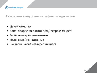 24
Расположите конкурентов на графике с координатами
• Цена/ качество
• Клиентоориентированность/ безразличность
• Глобальные/национальные
• Надежные/ ненадежные
• Закрепишиеся/ незакрепившиеся
 