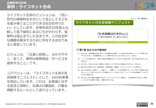  　
Copyright(C)  2013  Looops  Communications  Inc.  All  Rights  Reserved.
ライフネット⽣生命のミッションは、「若若い
世代の保険料料を半分にして安⼼心して⼦子ども
を産み育てることができる社会を作りた
い」としています。世帯年年収が10年年前と⽐比
較して低下傾向にあるにもかかわらず、保
険料料は⾼高⽌止まりしたままです。この社会的
な課題を解決するために存在する会社であ
ると宣⾔言しています。
ビジョンは、「正直に経営し、分かりやす
く、安くて、便便利利な保険商品・サービスを
提供すること」です。
コアバリューは、「ライフネット⽣生命の⽣生
命保険マニフェスト」として、24の約束事
を明記しています。これは、お客様に対す
る宣⾔言と同時に、社員の⾏行行動指針、⾏行行動を
規範するルールとして成り⽴立立っています。
企業哲学の共有
事例例：ライフネット⽣生命
26
 
