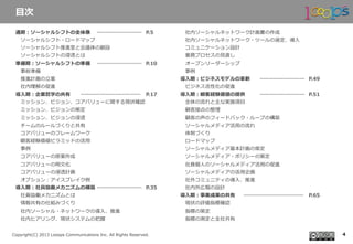 　
Copyright(C)  2013  Looops  Communications  Inc.  All  Rights  Reserved.
通期：ソーシャルシフトの全体像 ……………………… P.5
 　ソーシャルシフト・ロードマップ
 　ソーシャルシフト推進室と会議体の創設
 　ソーシャルシフトの浸透とは
準備期：ソーシャルシフトの準備 ……………………… P.10
 　事前準備
 　推進計画の⽴立立案
 　社内理理解の促進
導⼊入期：企業哲学の共有 ……………………………… P.17
 　ミッション、ビジョン、コアバリューに関する現状確認
 　ミッション、ビジョンの策定
 　ミッション、ビジョンの浸透
 　チームのルールづくりと共有
 　コアバリューのフレームワーク
 　顧客経験価値ピラミッドの活⽤用
 　事例例
 　コアバリューの原案作成
 　コアバリューの明⽂文化
 　コアバリューの浸透計画
 　オプション：アイスブレイク例例
導⼊入期：社員協働メカニズムの構築 ……………………… P.35
 　社員協働メカニズムとは
 　情報共有の仕組みづくり
 　社内ソーシャル・ネットワークの導⼊入、推進
 　社内ヒアリング、現状システムの把握
 　社内ソーシャルネットワーク計画書の作成
 　社内ソーシャルネットワーク・ツールの選定、導⼊入
 　コミュニケーション設計
 　業務プロセスの⾒見見直し
 　オープンリーダーシップ
 　事例例
導⼊入期：ビジネスモデルの⾰革新 ……………………… P.49
 　ビジネス活性化の促進
導⼊入期：顧客経験価値の提供 ……………………… P.51
 　全体の流流れと主な実施項⽬目
 　顧客接点の整理理
 　顧客の声のフィードバック・ループの構築
 　ソーシャルメディア活⽤用の流流れ
 　体制づくり
 　ロードマップ
 　ソーシャルメディア基本計画の策定
 　ソーシャルメディア・ポリシーの策定
 　社員個⼈人のソーシャルメディア活⽤用の促進
 　ソーシャルメディアの活⽤用企画
 　社外コミュニティの導⼊入、推進
 　社内外広報の設計
導⼊入期：事業成果の共有 ……………………………… P.65
 　現状の評価指標確認
 　指標の策定
 　指標の測定と全社共有
 　
⽬目次
4
 