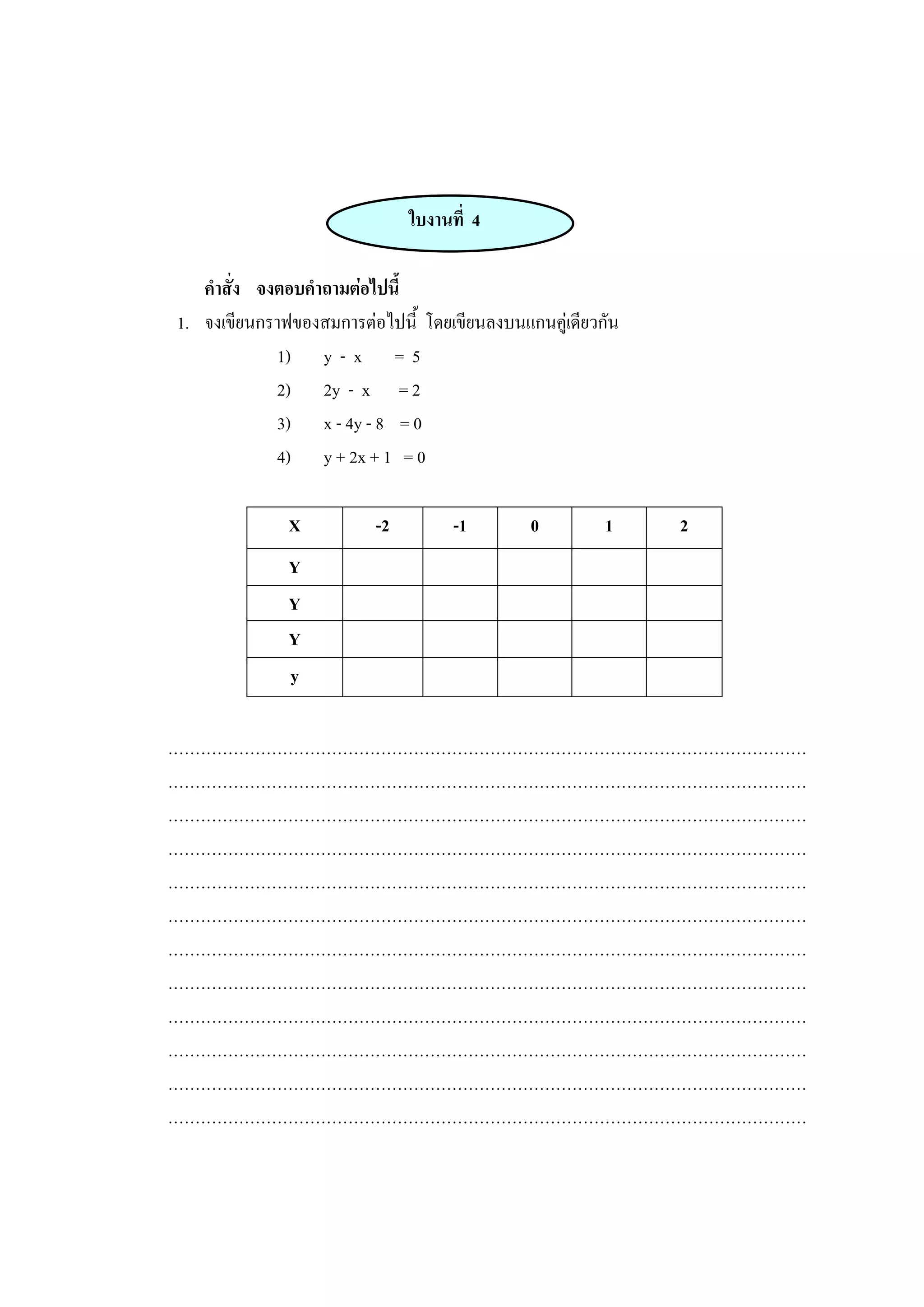 ใบงานที่ 4
คาสั่ง จงตอบคาถามต่อไปนี้
1. จงเขียนกราฟของสมการต่อไปนี้ โดยเขียนลงบนแกนคู่เดียวกัน
1) y - x = 5
2) 2y - x = 2
3) x - 4y - 8 = 0
4) y + 2x + 1 = 0
X -2 -1 0 1 2
Y
Y
Y
y
………………………………………………………………………………………………………
………………………………………………………………………………………………………
………………………………………………………………………………………………………
………………………………………………………………………………………………………
………………………………………………………………………………………………………
………………………………………………………………………………………………………
………………………………………………………………………………………………………
………………………………………………………………………………………………………
………………………………………………………………………………………………………
………………………………………………………………………………………………………
………………………………………………………………………………………………………
………………………………………………………………………………………………………
 