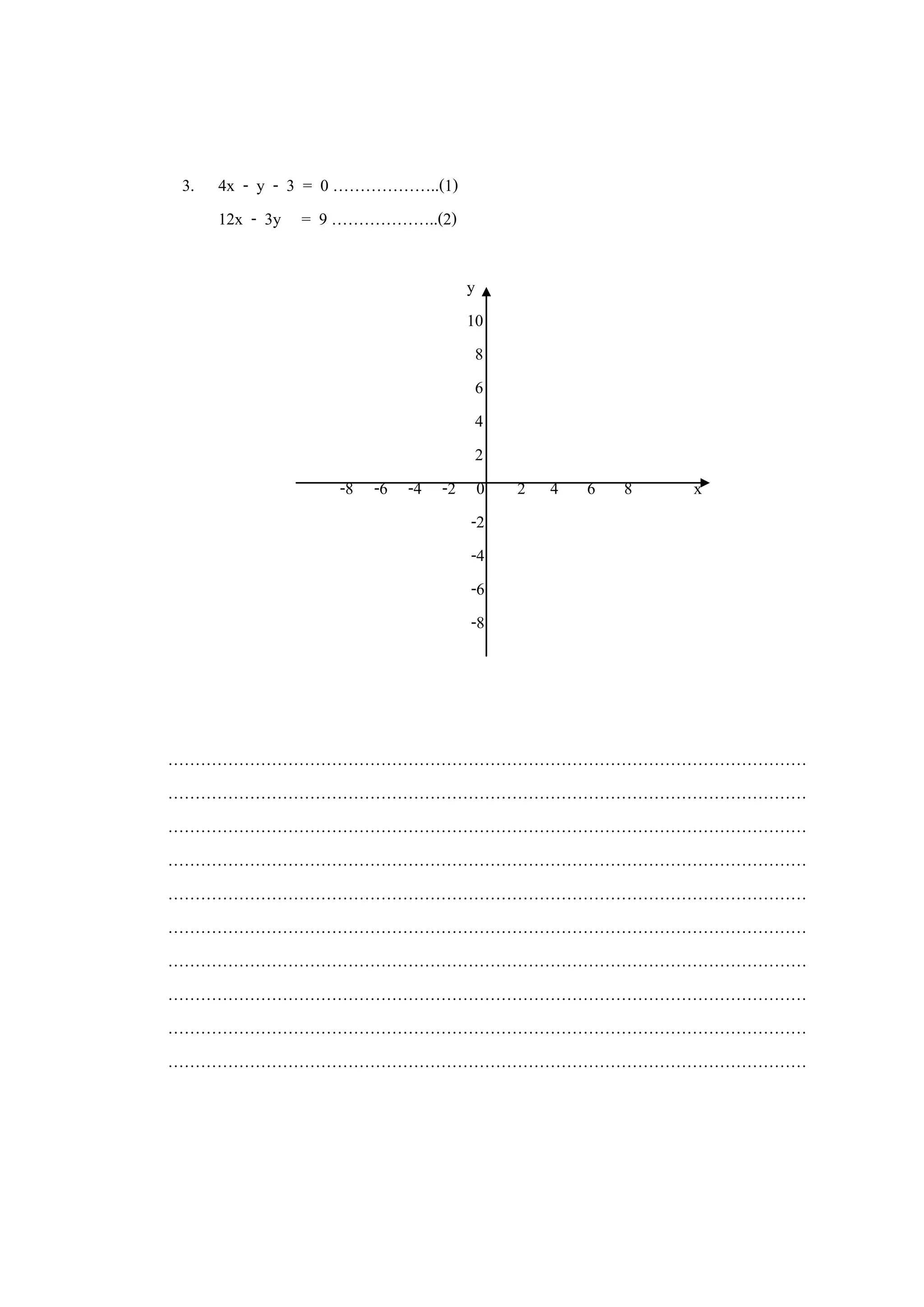 3. 4x - y - 3 = 0 ………………..(1)
12x - 3y = 9 ………………..(2)
y
10
8
6
4
2
-8 -6 -4 -2 0 2 4 6 8 x
-2
-4
-6
-8
………………………………………………………………………………………………………
………………………………………………………………………………………………………
………………………………………………………………………………………………………
………………………………………………………………………………………………………
………………………………………………………………………………………………………
………………………………………………………………………………………………………
………………………………………………………………………………………………………
………………………………………………………………………………………………………
………………………………………………………………………………………………………
………………………………………………………………………………………………………
 