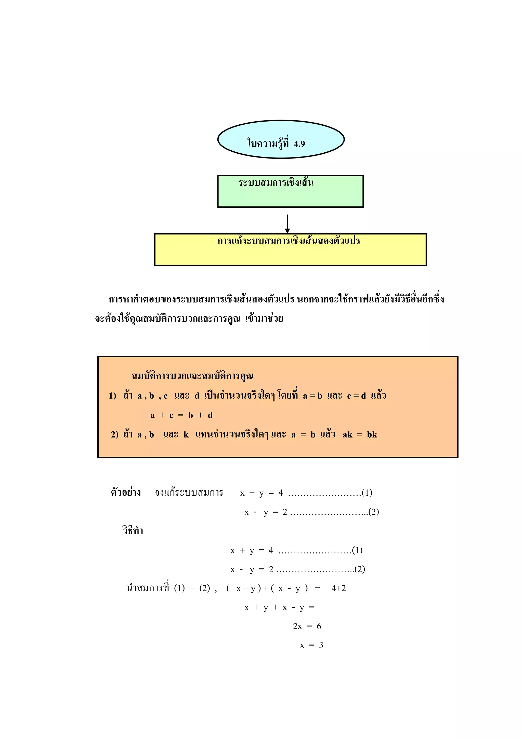 ใบความรู้ที่ 4.9
ระบบสมการเชิงเส้น
การแก้ระบบสมการเชิงเส้นสองตัวแปร
การหาคาตอบของระบบสมการเชิงเส้นสองตัวแปร นอกจากจะใช้กราฟแล้วยังมีวิธีอื่นอีกซึ่ง
จะต้องใช้คุณสมบัติการบวกและการคูณ เข้ามาช่วย
สมบัติการบวกและสมบัติการคูณ
1) ถ้า a , b , c และ d เป็นจานวนจริงใดๆ โดยที่ a = b และ c = d แล้ว
a + c = b + d
2) ถ้า a , b และ k แทนจานวนจริงใดๆ และ a = b แล้ว ak = bk
ตัวอย่าง จงแก้ระบบสมการ x + y = 4 ……………………(1)
x - y = 2 ……………………..(2)
วิธีทา
x + y = 4 ……………………(1)
x - y = 2 ……………………..(2)
นาสมการที่ (1) + (2) , ( x + y ) + ( x - y ) = 4+2
x + y + x - y =
2x = 6
x = 3
 