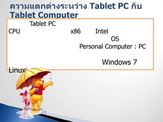 Tablet PC
CPU x86 Intel
OS
Personal Computer : PC
Windows 7
Linux
 