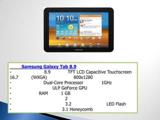 Samsung Galaxy Tab 8.9
- 8.9 TFT LCD Capacitive Touchscreen
16.7 (WXGA) 800x1280
- Dual-Core Processor 1GHz
- ULP GeForce GPU
- RAM 1 GB
- 2
- 3.2 LED Flash
- 3.1 Honeycomb
 