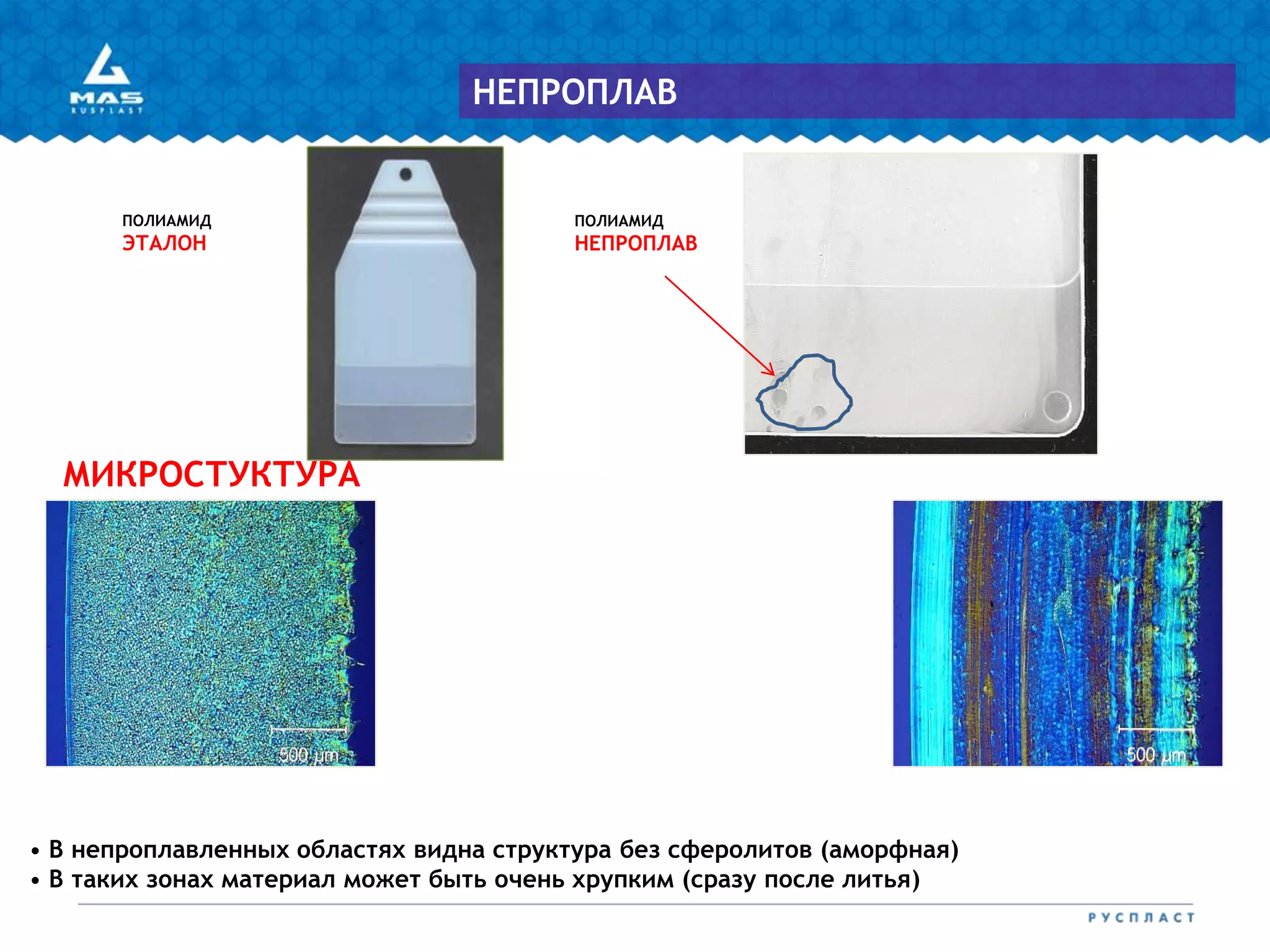 ПОЛИАМИД
ЭТАЛОН
ПОЛИАМИД
НЕПРОПЛАВ
МИКРОСТУКТУРА
НЕПРОПЛАВ
• В непроплавленных областях видна структура без сферолитов (аморфная)
• В таких зонах материал может быть очень хрупким (сразу после литья)
 