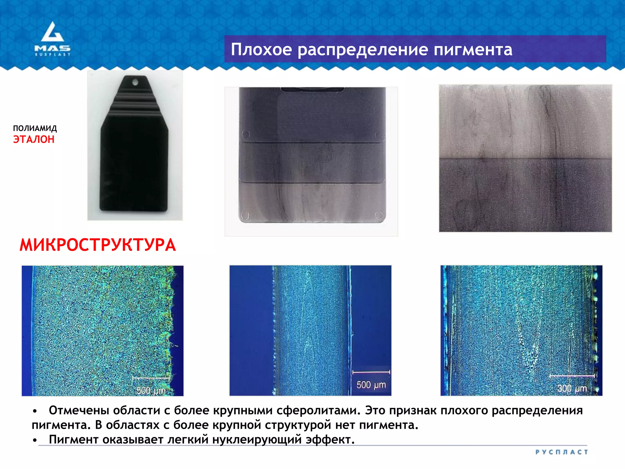 • Отмечены области с более крупными сферолитами. Это признак плохого распределения
пигмента. В областях с более крупной структурой нет пигмента.
• Пигмент оказывает легкий нуклеирующий эффект.
ПОЛИАМИД
ЭТАЛОН
МИКРОСТРУКТУРА
Плохое распределение пигмента
 