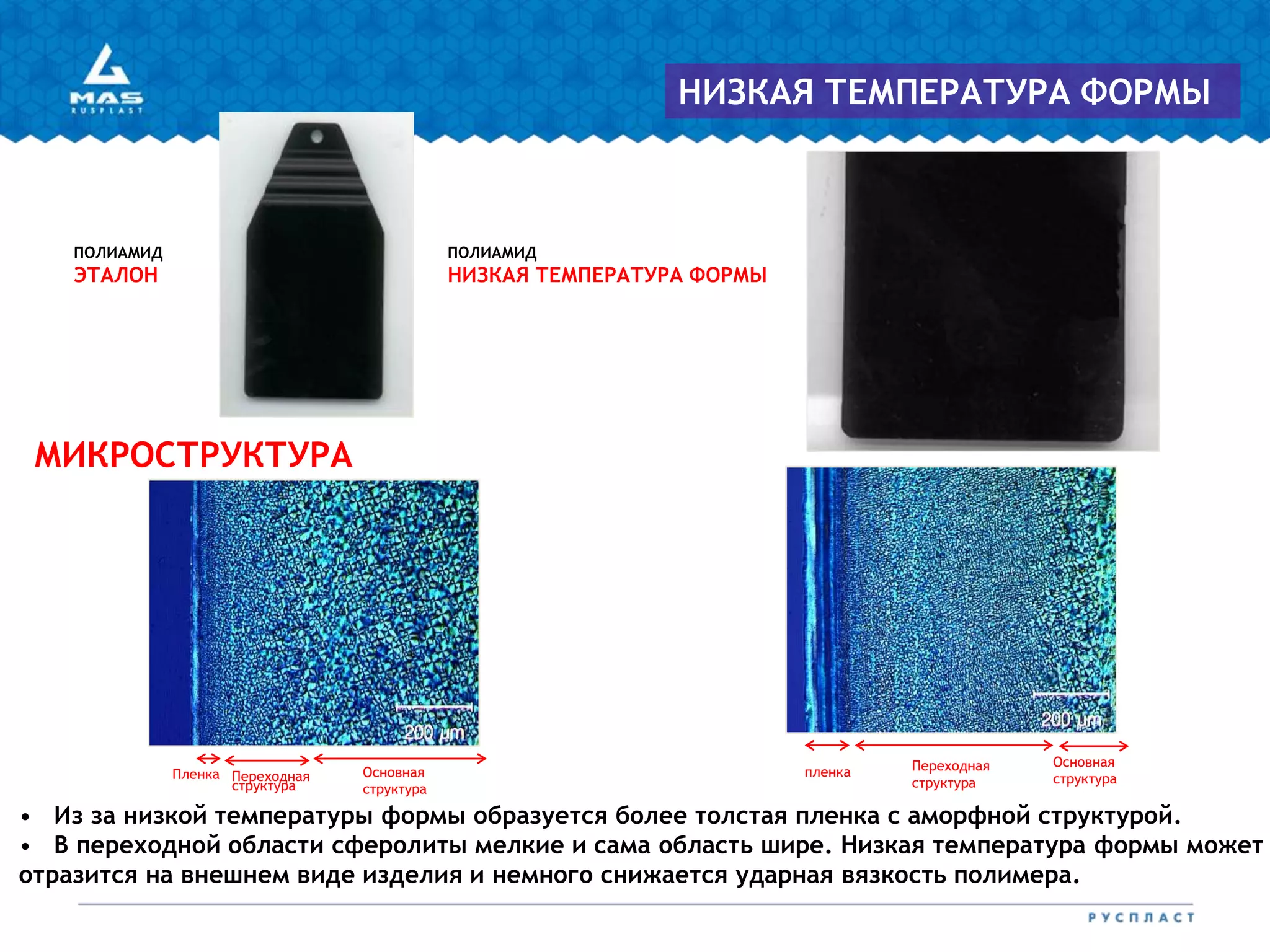 ПОЛИАМИД
НИЗКАЯ ТЕМПЕРАТУРА ФОРМЫ
ПОЛИАМИД
ЭТАЛОН
МИКРОСТРУКТУРА
• Из за низкой температуры формы образуется более толстая пленка с аморфной структурой.
• В переходной области сферолиты мелкие и сама область шире. Низкая температура формы может
отразится на внешнем виде изделия и немного снижается ударная вязкость полимера.
НИЗКАЯ ТЕМПЕРАТУРА ФОРМЫ
пленка Переходная
структура
Основная
структураПленка Переходная
структура
Основная
структура
 