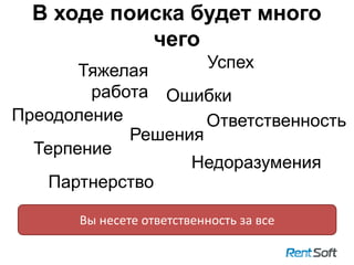 В ходе поиска будет много
чего
16
Тяжелая
работа Ошибки
Терпение
Успех
Решения
Преодоление
Партнерство
Ответственность
Недоразумения
Вы несете ответственность за все
 