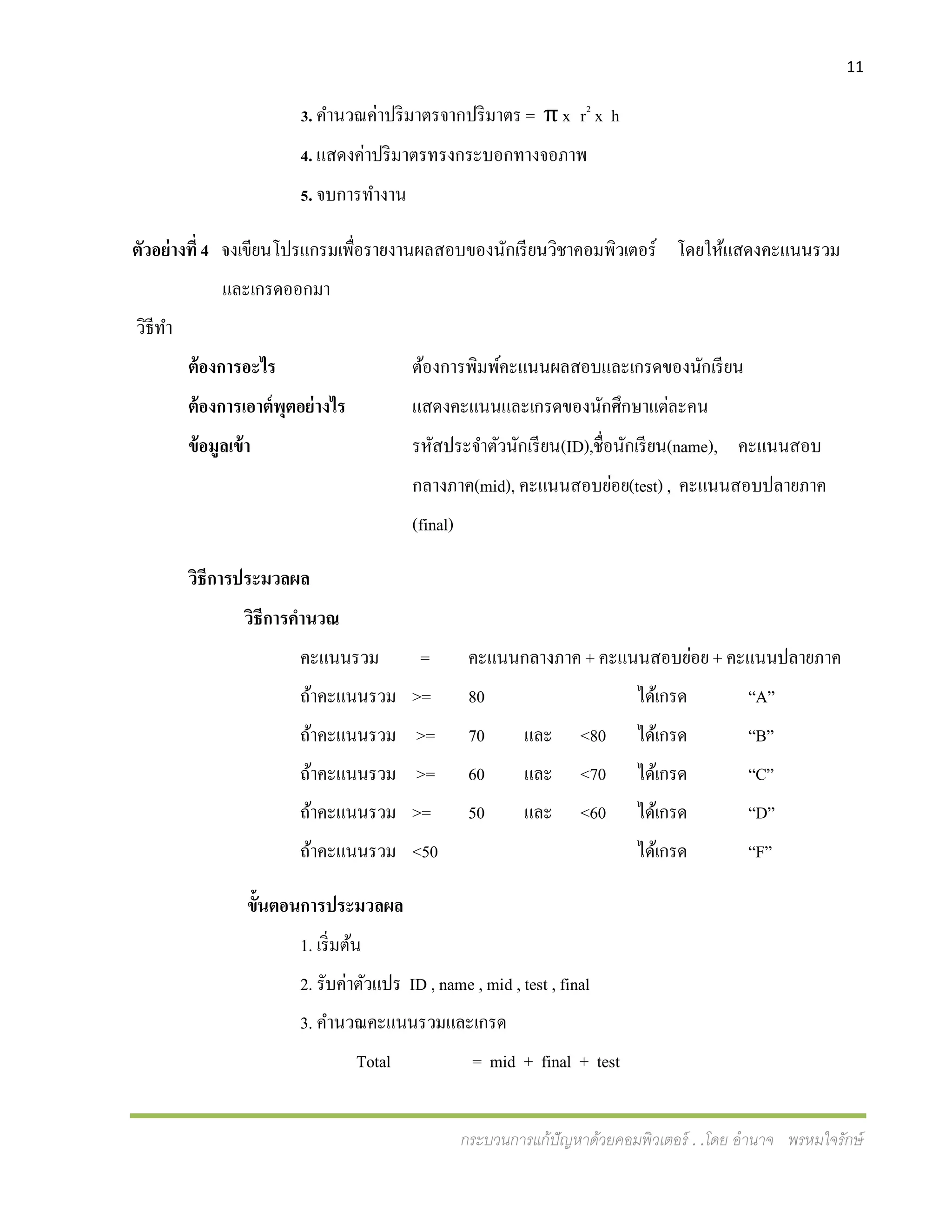 11
กระบวนการแก้ปัญหาด้วยคอมพิวเตอร์ . .โดย อานาจ พรหมใจรักษ์
3. คานวณค่าปริมาตรจากปริมาตร = π x r2
x h
4. แสดงค่าปริมาตรทรงกระบอกทางจอภาพ
5. จบการทางาน
ตัวอย่างที่ 4 จงเขียนโปรแกรมเพื่อรายงานผลสอบของนักเรียนวิชาคอมพิวเตอร์ โดยให้แสดงคะแนนรวม
และเกรดออกมา
วิธีทา
ต้องการอะไร ต้องการพิมพ์คะแนนผลสอบและเกรดของนักเรียน
ต้องการเอาต์พุตอย่างไร แสดงคะแนนและเกรดของนักศึกษาแต่ละคน
ข้อมูลเข้า รหัสประจาตัวนักเรียน(ID),ชื่อนักเรียน(name), คะแนนสอบ
กลางภาค(mid), คะแนนสอบย่อย(test) , คะแนนสอบปลายภาค
(final)
วิธีการประมวลผล
วิธีการคานวณ
คะแนนรวม = คะแนนกลางภาค + คะแนนสอบย่อย + คะแนนปลายภาค
ถ้าคะแนนรวม >= 80 ได้เกรด “A”
ถ้าคะแนนรวม >= 70 และ <80 ได้เกรด “B”
ถ้าคะแนนรวม >= 60 และ <70 ได้เกรด “C”
ถ้าคะแนนรวม >= 50 และ <60 ได้เกรด “D”
ถ้าคะแนนรวม <50 ได้เกรด “F”
ขั้นตอนการประมวลผล
1. เริ่มต้น
2. รับค่าตัวแปร ID , name , mid , test , final
3. คานวณคะแนนรวมและเกรด
Total = mid + final + test
 