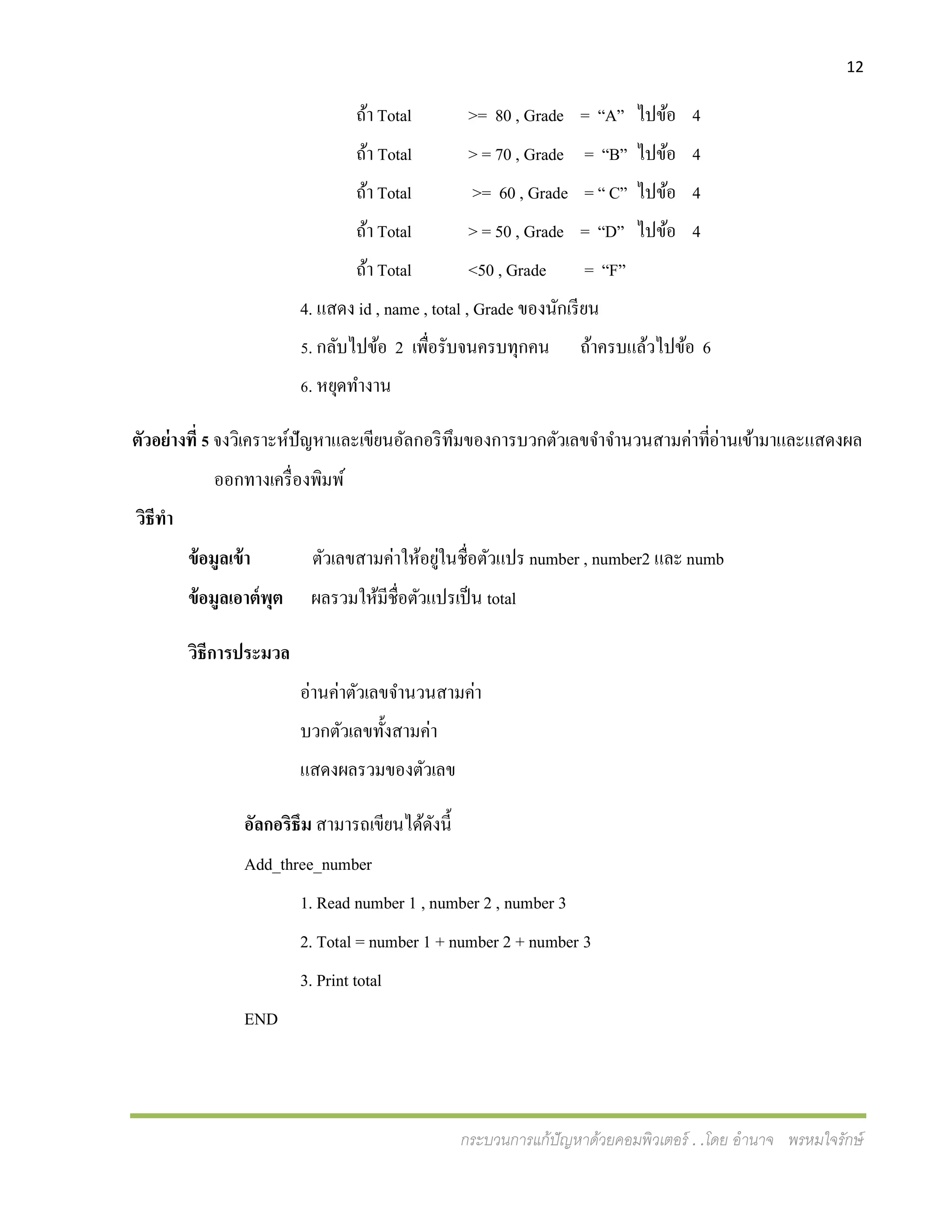 12
กระบวนการแก้ปัญหาด้วยคอมพิวเตอร์ . .โดย อานาจ พรหมใจรักษ์
ถ้า Total >= 80 , Grade = “A” ไปข้อ 4
ถ้า Total > = 70 , Grade = “B” ไปข้อ 4
ถ้า Total >= 60 , Grade = “ C” ไปข้อ 4
ถ้า Total > = 50 , Grade = “D” ไปข้อ 4
ถ้า Total <50 , Grade = “F”
4. แสดง id , name , total , Grade ของนักเรียน
5. กลับไปข้อ 2 เพื่อรับจนครบทุกคน ถ้าครบแล้วไปข้อ 6
6. หยุดทางาน
ตัวอย่างที่ 5 จงวิเคราะห์ปัญหาและเขียนอัลกอริทึมของการบวกตัวเลขจาจานวนสามค่าที่อ่านเข้ามาและแสดงผล
ออกทางเครื่องพิมพ์
วิธีทา
ข้อมูลเข้า ตัวเลขสามค่าให้อยู่ในชื่อตัวแปร number , number2 และ numb
ข้อมูลเอาต์พุต ผลรวมให้มีชื่อตัวแปรเป็น total
วิธีการประมวล
อ่านค่าตัวเลขจานวนสามค่า
บวกตัวเลขทั้งสามค่า
แสดงผลรวมของตัวเลข
อัลกอริธึม สามารถเขียนได้ดังนี้
Add_three_number
1. Read number 1 , number 2 , number 3
2. Total = number 1 + number 2 + number 3
3. Print total
END
 