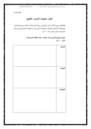 ‫ﺒﻴن‬‫ر‬‫ﻤد‬ ‫ﻴب‬‫ر‬‫ﺘد‬ ‫ة‬‫ر‬‫دو‬‫اﻝدوﻝﻲ‬ ‫اﻝﺘﺨﺼﺼﻲ‬ ‫اﻝﻤرﻜز‬–‫أﺼدﻗﺎء‬‫ﺤدود‬ ‫ﺒﻼ‬٢٠٠٢Training of Trainers (ToT)
‫ﻋﻤل‬ ‫ورﻗﺔ‬)٧(
‫اﻝﺘدرﻴب‬ ‫ﻤﺤﺘوﻴﺎت‬ ‫اﺨﺘﻴﺎر‬:‫اﻝﺘطﺒﻴق‬
‫ـﺎدات‬‫ـ‬‫إرﺸ‬:‫ـل‬‫ـ‬‫ﻤ‬‫اﻝﻌ‬ ‫ـﺔ‬‫ـ‬‫ﻗ‬‫ور‬ ‫ـﻲ‬‫ـ‬‫ﻓ‬ ‫ـﺎ‬‫ـ‬‫ﻬ‬‫أدرﺠﺘ‬ ‫ـﻲ‬‫ـ‬‫ﺘ‬‫اﻝ‬ ‫ـداف‬‫ـ‬‫ﻫ‬‫اﻷ‬ ‫ـﻊ‬‫ـ‬‫ﺠ‬‫ا‬‫ر‬)٦(‫ـﻲ‬‫ـ‬‫ﻓ‬ ‫ـك‬‫ـ‬‫ﺘ‬‫ﻤﺠﻤوﻋ‬ ‫ـﻊ‬‫ـ‬‫ﻤ‬ ‫ـﺘرك‬‫ـ‬‫ﺸ‬‫ا‬ ‫ـم‬‫ـ‬‫ﺜ‬
‫ة‬‫ر‬‫ﻹدا‬ ‫ﻴﺒﻲ‬‫ر‬‫ـد‬‫ﺘ‬‫اﻝ‬ ‫ـﺎﻤﺞ‬‫ﻨ‬‫ر‬‫اﻝﺒ‬ ‫ـﺎ‬‫ﻬ‬‫ﻴﻐطﻴ‬ ‫أن‬ ‫ﻴﺠب‬ ‫اﻝﺘﻲ‬ ‫اﻻﺘﺠﺎﻫﺎت‬‫و‬ ‫ات‬‫ر‬‫اﻝﻤﻬﺎ‬‫و‬ ‫ﺒﺎﻝﻤﻌﺎرف‬ ‫ﻗﺎﺌﻤﺔ‬ ‫وﻀﻊ‬
‫ﻤدﺘﻪ‬ ‫ﺴﺘﻜون‬ ‫اﻝذي‬‫و‬ ‫اﻝﻤﺸروﻋﺎت‬١٠‫أﻴﺎم‬.
‫ﻋﻨو‬‫ﺘﺼﻤﻴﻤﻪ‬ ‫اد‬‫ر‬‫اﻝﻤ‬ ‫اﻝﺘدرﻴﺒﻲ‬ ‫اﻝﺒرﻨﺎﻤﺞ‬ ‫ان‬:‫ﻝﻠﻤﺸروﻋﺎت‬ ‫اﻝﻔﻌﺎﻝﺔ‬ ‫ة‬‫اﻹدار‬
‫اﻝﻤدة‬:١٠‫أﻴﺎم‬
‫اﻝﻤﻌﺎرف‬
‫ات‬‫ر‬‫اﻝﻤﻬﺎ‬
‫اﻻﺘﺠﺎﻫﺎت‬
 