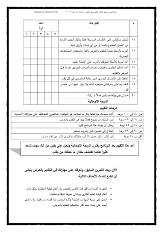 ‫ﺒﻴن‬‫ر‬‫ﻤد‬ ‫ﻴب‬‫ر‬‫ﺘد‬ ‫ة‬‫ر‬‫دو‬‫اﻝدوﻝﻲ‬ ‫اﻝﺘﺨﺼﺼﻲ‬ ‫اﻝﻤرﻜز‬–‫أﺼدﻗﺎء‬‫ﺤدود‬ ‫ﺒﻼ‬٢٠٠٢Training of Trainers (ToT)
‫م‬‫اءات‬‫ر‬‫اﻹﺠ‬ً‫ﺎ‬‫داﺌﻤ‬
ً‫ا‬‫أﺒد‬
٥٤٣٢١
١٤‫ـﻰ‬‫ﻠ‬‫ﻋ‬ ‫اﺘﻲ‬‫ر‬‫ـذﻜ‬‫ـ‬‫ﻤ‬ ‫ـﺘﻤل‬‫ﺸ‬‫ﺘ‬‫ـﺒﺔ‬‫ﺴ‬‫اﻝﻤﻨﺎ‬ ‫ـﺎت‬‫ـ‬‫ﻤ‬‫اﻝﻜﻠ‬‫اءة‬‫ر‬‫ـ‬‫ـ‬‫ﻘ‬‫اﻝ‬ ‫ـب‬‫ـ‬‫ﻨ‬‫أﺘﺠ‬ ‫ـذﻝك‬‫ﻝ‬‫و‬ ‫ـط‬‫ـ‬‫ﻘ‬‫ﻓ‬
‫ﻓﻨﻴﺔ‬ ‫اق‬‫ر‬‫أو‬‫و‬ ‫أﺒﺤﺎث‬ ‫أي‬ ‫ﻤن‬ ‫أو‬ ‫اﻝﻤﻌد‬‫و‬ ‫ع‬‫اﻝﻤطﺒو‬ ‫اﻷﺼل‬ ‫ﻤن‬.
١٥‫ـ‬‫ـ‬‫ـ‬‫ﺴ‬‫اﻝﻤ‬ ‫ـﺘﺨدام‬‫ـ‬‫ـ‬‫ﺴ‬‫وﺒﺎ‬ ً‫ﺎ‬‫ـ‬‫ـ‬‫ـ‬‫ﻔ‬‫اﻗ‬‫و‬ ‫ـرض‬‫ـ‬‫ـ‬‫ﻌ‬‫اﻝ‬‫و‬ ‫ـدﻴم‬‫ـ‬‫ـ‬‫ﻘ‬‫ﻝﻠﺘ‬ ً‫ﺎ‬‫ـ‬‫ـ‬‫ـ‬‫ﻤ‬‫ﺘﻤﺎ‬ ‫ـﺘﻌد‬‫ـ‬‫ـ‬‫ﺴ‬‫أ‬‫و‬ ‫ـدرب‬‫ـ‬‫ﺘ‬‫أ‬‫ﺎﻋدات‬
‫ﻴﺔ‬‫ر‬‫اﻝﺒﺼ‬.
١٦‫ﻋﻠﻴﻬﺎ‬ ‫اﻹﺠﺎﺒﺔ‬ ‫ﻋﻠﻰ‬ ‫أﺘدرب‬‫و‬ ‫اﻝﻤﺘوﻗﻌﺔ‬ ‫ﻝﻸﺴﺌﻠﺔ‬ ‫أﺠوﺒﺔ‬ ‫أﻋد‬.
١٧‫ـل‬‫ـ‬‫ـ‬‫ﺒ‬‫ﻗ‬ ً‫ﺎ‬‫ـدﻤ‬‫ـ‬‫ﻘ‬‫ﻤ‬ ‫ي‬‫ـر‬‫ـ‬‫ﺼ‬‫اﻝﺒ‬ ‫ـرض‬‫ـ‬‫ﻌ‬‫اﻝ‬ ‫ـدات‬‫ـ‬‫ﻌ‬‫ﻤ‬ ‫ـص‬‫ـ‬‫ﺤ‬‫أﻓ‬‫و‬ ‫ـوس‬‫ـ‬‫ﻠ‬‫اﻝﺠ‬ ‫ـﺎﻜن‬‫ـ‬‫ﻤ‬‫أ‬ ‫ـد‬‫ـ‬‫ﻋ‬‫أ‬
‫اﻝﺘﻘدﻴم‬‫و‬ ‫اﻝﻌرض‬.
١٨‫وﻗت‬ ‫ﻜل‬ ‫ﻓﻲ‬ ‫ﻴن‬‫ر‬‫اﻝﺤﺎﻀ‬ ‫ﺒﻜﺎﻓﺔ‬ ‫اﻝﺠﻴد‬ ‫ي‬‫اﻝﺒﺼر‬ ‫اﻻﺘﺼﺎل‬ ‫ﻋﻠﻰ‬ ‫أﺤﺎﻓظ‬.
١٩‫طﺒﻴﻌ‬ ‫ـﺎﺘﻲ‬‫ـ‬‫ـ‬‫ﻜ‬‫وﺤر‬ ‫ـﺎءاﺘﻲ‬‫ـ‬‫ـ‬‫ﻤ‬‫إﻴ‬ ‫ـﺔ‬‫ـ‬‫ـ‬‫ﻓ‬‫ﻜﺎ‬‫ـر‬‫ـ‬‫ـ‬‫ﺼ‬‫ﻋﻨ‬ ‫أي‬ ‫ـﺎ‬‫ـ‬‫ـ‬‫ﻬ‬‫ﻋﻠﻴ‬ ‫ـؤﺜر‬‫ـ‬‫ـ‬‫ﻴ‬ ‫ﻻ‬‫و‬ ً‫ﺎ‬‫ـ‬‫ـ‬‫ـ‬‫ﻤ‬‫ﺘﻤﺎ‬ ‫ـﺔ‬‫ـ‬‫ـ‬‫ﻴ‬
‫ﻗﻠق‬.
٢٠ً‫ﺎ‬‫ﺘﻴﺒ‬‫ر‬ ‫أو‬ ً‫ﻼ‬‫ﻤﻤ‬ ‫وﻝﻴس‬ ‫اﻀﺢ‬‫و‬‫و‬ ‫ﻗوي‬ ‫ﺼوﺘﻲ‬.
‫اﻹﺠﻤﺎﻝﻴﺔ‬ ‫اﻝدرﺠﺔ‬
‫اﻝﺘﻘﻴﻴم‬ ‫درﺠﺎت‬
‫ﻤن‬٨٠‫إﻝﻰ‬١٠٠‫درﺠﺔ‬‫اﻷﺴﺎﺴﻴﺔ‬ ‫اﺘك‬‫ر‬‫ﻤﻬﺎ‬ ‫ﻋﻠﻰ‬ ‫ﻝﻠﻤﺤﺎﻓظﺔ‬ ‫ﻴن‬‫ر‬‫ﺎﻝﺘﻤ‬k‫ﻋﻠ‬ ‫اظﺒﺔ‬‫و‬‫اﻝﻤ‬ ‫ﻫو‬ ‫ﺘﺤﺘﺎﺠﻪ‬ ‫ﻤﺎ‬ ‫وﻜل‬ ً‫ﺎ‬‫ﺘﻤﺎﻤ‬ ‫ﺠﻴد‬ ‫ﻤﺘﺤدث‬ ‫أﻨت‬.
‫ﻤن‬٦٠‫إﻝﻰ‬٧٩‫درﺠﺔ‬‫ﻤن‬‫اﻝﻌرض‬‫و‬ ‫اﻝﺘﻘدﻴم‬ ‫ﻓﻲ‬ ً‫ا‬‫ﺠﻴد‬ ً‫ﻻ‬‫ﻓﻌﺎ‬ ‫ﺘﺼﺒﺢ‬ ‫أن‬ ‫اﻝﻤﻤﻜن‬.
‫ﻤن‬٤٠‫ﻝﻰ‬٥٩‫درﺠﺔ‬ً‫ا‬‫ر‬‫ﻜﺜﻴ‬ ‫ﻨﺎﻤﺞ‬‫ر‬‫اﻝﺒ‬ ‫ﻫذا‬ ‫ﻴﻔﻴدك‬ ‫أن‬ ‫ﻴﻤﻜن‬.
‫ﻤن‬٣٠‫إﻝﻰ‬٣٩‫درﺠﺔ‬‫ﻤﺴﺘﻤر‬ ‫ﻴب‬‫ر‬‫وﺘد‬ ‫ﻜﺒﻴر‬ ‫ﺘﺤﺴﻴن‬ ‫إﻝﻰ‬ ‫ﺘﺤﺘﺎج‬
‫ﻤن‬ ‫أﻗل‬٣٠‫درﺠﺔ‬‫ﻤﻤﺘﺎز‬ ‫ﺘﻘدم‬ ‫ﻋن‬ ‫ﺘﺜﻤر‬ ‫أن‬ ‫ﻴﻤﻜن‬ ‫ﻻﺘك‬‫ﻤﺤﺎو‬ ‫أن‬ ‫إﻻ‬ ‫وﻋﺴﻴر‬ ‫ﺸﺎق‬ ‫اﻷﻤر‬ ‫إن‬.
‫ا‬ ‫اﻝﺘﻤرﻴن‬ ‫وﺒﻌد‬ ‫اﻵن‬‫ﻴﻨﺒﻐـﻲ‬ ‫اﻝﻌـرض‬‫و‬ ‫اﻝﺘﻘدﻴم‬ ‫ﻓﻲ‬ ‫اﺘك‬‫ر‬‫ﻤﻬﺎ‬ ‫ﻋﻠﻰ‬ ‫وﺘﻌرﻓك‬ ،‫ﻝﺴﺎﺒق‬
‫اﻝﺘﺎﻝﻴﺔ‬ ‫اﻷﻫداف‬ ‫ﻝﻨﻔﺴك‬ ‫ﺘﻀﻊ‬ ‫أن‬:
‫ﺒﻨﺎء‬ ‫ﺒﺸﻜل‬ ‫ﻩ‬‫ر‬‫اﺴﺘﺜﻤﺎ‬ ‫ﻜﻴﻔﻴﺔ‬ ‫أﺘﻌﻠم‬ ‫أن‬‫و‬ ‫اﻝﻌرض‬‫و‬ ‫اﻝﺘﻘدﻴم‬ ‫ﻗﺒل‬ ‫ﻗﻠق‬ ‫ﻤن‬ ‫أﺤﺴﻪ‬ ‫ﻤﺎ‬ ‫أﺘﻔﻬم‬.
‫وﻤﻨطﻘﻴﺔ‬ ‫دﻗﻴﻘﺔ‬ ‫ﻴﻘﺔ‬‫ر‬‫ﺒط‬ ‫وﺒﻴﺎﻨﺎﺘﻲ‬ ‫ي‬‫أﻓﻜﺎر‬ ‫ﺘﻨظﻴم‬ ‫ﻜﻴﻔﻴﺔ‬ ‫أﺘﻌﻠم‬.
‫اﻝﺤﻤ‬ ‫ة‬‫ر‬‫ﻹﺜﺎ‬ ‫اﻝﻼزﻤﺔ‬ ‫ات‬‫ر‬‫اﻝﻤﻬﺎ‬ ‫ﺘﻨﻤﻴﺔ‬ ‫ﻋﻠﻰ‬ ‫أﻋﻤل‬‫ـل‬‫ﻤ‬‫أﻋ‬ ‫أن‬‫و‬ ‫ـﺎر‬‫ﻜ‬‫أﻓ‬ ‫ـن‬‫ﻤ‬ ‫ـﻪ‬‫ﻤ‬‫أﻗد‬ ‫ـﺎ‬‫ﻤ‬‫ﻝ‬ ‫ﺎس‬
‫اﻝﻌرض‬‫و‬ ‫ﻝﻠﺘﻘدﻴم‬ ‫دﻴﻨﺎﻤﻴﻜﻴﺔ‬ ‫أﻜﺜر‬ ‫ﻨﻤط‬ ‫إﻴﺠﺎد‬ ‫ﻋﻠﻰ‬ ً‫ﺎ‬‫أﻴﻀ‬.
‫ﺘﺴﻌد‬ ‫ﺴوف‬ ‫أﻨك‬ ‫ﻤن‬ ‫ﻴﻘﻴن‬ ‫ﻋﻠﻰ‬ ‫وﻨﺤن‬ ‫اﻹﺠﻤﺎﻝﻴﺔ‬ ‫اﻝدرﺠﺔ‬ ‫وﻗﺎرن‬ ‫اﻝﺒرﻨﺎﻤﺞ‬ ‫ﺒﻌد‬ ‫اﻝﺘﻘﻴﻴم‬ ‫ﻫذا‬ ‫أﻋد‬
‫ﺘﻘدم‬ ‫ﻤن‬ ‫ﺤﻘﻘﺘﻪ‬ ‫ﻤﺎ‬ ‫ﻤﻘدار‬ ‫ﺘﻜﺘﺸف‬ ‫ﻋﻨدﻤﺎ‬ ً‫ا‬‫ر‬‫ﻜﺜﻴ‬.
 