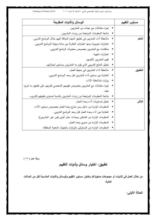 ‫ﺒﻴن‬‫ر‬‫ﻤد‬ ‫ﻴب‬‫ر‬‫ﺘد‬ ‫ة‬‫ر‬‫دو‬‫اﻝدوﻝﻲ‬ ‫اﻝﺘﺨﺼﺼﻲ‬ ‫اﻝﻤرﻜز‬–‫أﺼدﻗﺎء‬‫ﺤدود‬ ‫ﺒﻼ‬٢٠٠٢Training of Trainers (ToT)
‫اﻝﺘﻘﻴﻴم‬ ‫ﻤﺴﺘوى‬‫اﻝﻤﻘﺘرﺤﺔ‬ ‫ات‬‫و‬‫اﻷد‬‫و‬ ‫اﻝوﺴﺎﺌل‬
‫ﺒﻴن‬‫ر‬‫اﻝﻤﺘد‬ ‫ﻤن‬ ‫ﻋﻴﻨﺎت‬ ‫ﻤﻊ‬ ‫ﻤﻘﺎﺒﻼت‬ ‫اء‬‫ر‬‫إﺠ‬.
‫ﺒﻴن‬‫ر‬‫اﻝﻤﺘد‬ ‫رؤﺴﺎء‬ ‫ﻤن‬ ‫ﺘﺠﻌﺔ‬‫ر‬‫اﻝﻤ‬ ‫اﻝﻤﻌﻠوﻤﺎت‬ ‫ﻤﺘﺎﺒﻌﺔ‬.
‫اﻝﺘﻌﻠم‬‫اﻝﻤوﻜ‬ ‫اﻝﻤﻬﺎم‬ ‫ﺘطﺒﻴق‬ ‫ﻓﻲ‬ ‫ﺒﻴن‬‫ر‬‫اﻝﻤﺘد‬ ‫أداء‬ ‫ﻤﻼﺤظﺔ‬‫ﺒﻲ‬‫ر‬‫اﻝﺘد‬ ‫ﻨﺎﻤﺞ‬‫ر‬‫اﻝﺒ‬ ‫ﺨﻼل‬ ‫إﻝﻴﻬم‬ ‫ﻠﺔ‬.
‫ﻴﺒﻲ‬‫ر‬‫اﻝﺘد‬ ‫ﻨﺎﻤﺞ‬‫ر‬‫اﻝﺒ‬ ‫وﻨﻬﺎﻴﺔ‬ ‫ﺒداﻴﺔ‬ ‫ﺒﻴن‬ ‫ﻨﺔ‬‫ر‬‫اﻝﻤﻘﺎ‬ ‫ات‬‫ر‬‫اﺨﺘﺒﺎ‬ ‫وﻤﻨﻬﺎ‬ ‫ﻴﺔ‬‫ر‬‫ﻴ‬‫ر‬‫ﺘﺤ‬ ‫ات‬‫ر‬‫اﺨﺘﺒﺎ‬.
‫ﻴﺒﻲ‬‫ر‬‫اﻝﺘد‬ ‫ﻨﺎﻤﺞ‬‫ر‬‫اﻝ‬ ‫ﻤﺤﺘوﻴﺎت‬ ‫ﺒﺨﺼوص‬ ‫ﺒﻴن‬‫ر‬‫اﻝﻤﺘد‬ ‫ﻤﻊ‬ ‫ﻤﻨﺎﻗﺸﺎت‬.
‫ﺸﻔﻬﻴﺔ‬ ‫ات‬‫ر‬‫اﺨﺘﺒﺎ‬.
‫ﻷﻨﻔﺴﻬم‬ ‫ﺒﻴن‬‫ر‬‫اﻝﻤﺘد‬ ‫ﺘﻘﻴﻴم‬.
‫إ‬ ‫وﻤﺴﺘوى‬ ‫ﺒون‬‫ر‬‫اﻝﻤﺘد‬ ‫ﺒﻪ‬ ‫ﻴﻘوم‬ ‫اﻝذي‬ ‫ﻴﺒﻲ‬‫ر‬‫اﻝﺘد‬ ‫اﻝﻤﻨﺘﺞ‬ ‫ﺘﺤﻠﻴل‬‫اﺘﻬم‬‫ز‬‫ﻨﺠﺎ‬.
‫اﻝﺘطﺒﻴق‬‫اﻝﻌﻤل‬ ‫ﻤﺤﻴط‬ ‫ﻓﻲ‬ ‫ﺒﻴن‬‫ر‬‫اﻝﻤﺘد‬ ‫أداء‬ ‫ﻤﻼﺤظﺔ‬.
‫ﻴﺒﻲ‬‫ر‬‫اﻝﺘد‬ ‫ﻨﺎﻤﺞ‬‫ر‬‫اﻝﺒ‬ ‫وﺒﻌد‬ ‫ﻗﺒل‬ ‫ﺒﻴن‬‫ر‬‫اﻝﻤﺘد‬ ‫أداء‬ ‫ﻤﺴﺘوى‬ ‫ﺒﻴن‬ ‫ﻨﺔ‬‫ر‬‫اﻝﻤﻘﺎ‬.
‫اﻷداء‬ ‫ﻝﻤﻼﺤظﺔ‬ ‫ات‬‫ر‬‫ﻴﺎ‬‫ز‬.
‫ا‬‫و‬‫ﺒ‬‫ر‬‫ـد‬‫ﺘ‬ ‫ـﺎ‬‫ﻤ‬ ‫ﺘطﺒﻴق‬ ‫ﻋﻠﻰ‬ ‫ﺘﻬم‬‫ر‬‫ﻝﻘد‬ ‫اﻝﺸﺨﺼﻲ‬ ‫ﺘﻘﻴﻴﻤﻬم‬ ‫ﺒﺨﺼوص‬ ‫ﺒﻴن‬‫ر‬‫اﻝﻤﺘد‬ ‫ﻤﻊ‬ ‫ﻤﻘﺎﺒﻼت‬ ‫اء‬‫ر‬‫إﺠ‬
‫ﻋﻠﻴﻪ‬.
‫رؤﺴﺎ‬ ‫ﻤن‬ ‫ﺘﺠﻌﺔ‬‫ر‬‫اﻝﻤ‬ ‫اﻝﻤﻌﻠوﻤﺎت‬ ‫ﻤﺘﺎﺒﻌﺔ‬‫ﻴب‬‫ر‬‫ﻝﻠﺘد‬ ‫ﺘطﺒﻴﻘﻬم‬ ‫ﻝﻤﺴﺘوى‬ ‫ﺒﺎﻝﻨﺴﺒﺔ‬ ‫ﺒﻴن‬‫ر‬‫اﻝﻤﺘد‬ ‫ء‬.
‫اﻝﺘﺄﺜﻴر‬‫اﻝﻌﻤل‬ ‫وﺤدة‬ ‫أداء‬ ‫ﻝﻤﺴﺘوﻴﺎت‬ ‫ﺘﺤﻠﻴل‬.
‫اﻷداء‬ ‫ﻤﺴﺘوى‬ ‫ﺒﺨﺼوص‬ ‫اﻝﻌﻤل‬ ‫وﺤدة‬ ‫ج‬‫ﺨﺎر‬ ‫وﻤن‬ ‫داﺨل‬ ‫ﻤن‬ ‫اردة‬‫و‬‫اﻝ‬ ‫اﻝﻤﻌﻠوﻤﺎت‬.
‫ﻴﺒﻲ‬‫ر‬‫اﻝﺘد‬ ‫ﻨﺎﻤﺞ‬‫ر‬‫اﻝﺒ‬ ‫وﺒﻌد‬ ‫ﻗﺒل‬ ‫اﻝﻌﻤل‬ ‫وﺤدة‬ ‫أداء‬ ‫ﺒﻴن‬ ‫ﻨﺔ‬‫ر‬‫اﻝﻤﻘﺎ‬.
‫ى‬‫أﺨر‬ ‫ﻋﻤل‬ ‫ﺒوﺤدات‬ ‫اﻝﻌﺎﻤﻠﻴن‬ ‫ﻤن‬ ‫اردة‬‫و‬‫اﻝ‬ ‫اﻝﻤﻌﻠوﻤﺎت‬)‫ﻤ‬‫ﺒﻴن‬‫ر‬‫اﻝﻤﺘد‬ ‫ﻏﻴر‬ ‫ن‬.(
‫اﻝﻌﻤل‬ ‫وﺤدة‬ ‫ي‬‫ﻤدﻴر‬ ‫ﻤن‬ ‫اردة‬‫و‬‫اﻝ‬ ‫اﻝﻤﻌﻠوﻤﺎت‬.
‫اﻝﻤﺨﺘﻠﻔﺔ‬ ‫اﻝﻤﻌﻨﻴﺔ‬ ‫اﻝﺠﻬﺎت‬‫و‬ ‫ات‬‫ر‬‫ا‬‫ز‬‫ﺒﺎﻝو‬ ‫اﻝﻤﺴﺌوﻝﻴن‬ ‫ﻤن‬ ‫اردة‬‫و‬‫اﻝ‬ ‫اﻝﻤﻌﻠوﻤﺎت‬.
‫ﻋﻤل‬ ‫ورﻗﺔ‬)٢٢(
‫ﺘطﺒﻴق‬:‫اﻝﺘﻘﻴﻴم‬ ‫ات‬‫و‬‫أد‬‫و‬ ‫وﺴﺎﺌل‬ ‫اﺨﺘﻴﺎر‬
‫اﻝوﺴﺎﺌ‬‫و‬ ‫اﻝﺘﻘﻴﻴم‬ ‫ﻤﺴﺘوى‬ ‫ﺒﺎﺨﺘﻴﺎر‬ ‫ﻗم‬ ‫ة‬‫ﺼﻐﻴر‬ ‫ﻤﺠﻤوﻋﺎت‬ ‫أو‬ ‫ﺜﻨﺎﺌﻴﺎت‬ ‫ﻓﻲ‬ ‫اﻝﻌﻤل‬ ‫ﺨﻼل‬ ‫ﻤن‬‫اﻝﺤـﺎﻻت‬ ‫ﻤن‬ ‫ﻝﻜل‬ ‫اﻝﻤﻨﺎﺴﺒﺔ‬ ‫ات‬‫و‬‫اﻷد‬‫و‬ ‫ل‬
‫اﻝﺘﺎﻝﻴﺔ‬:
‫اﻷوﻝﻰ‬ ‫اﻝﺤﺎﻝﺔ‬:
 