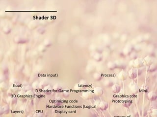 Shader 3D
Data input) Process)
float) latency)
D Shader for Game Programming Mini-
3D Graphics Engine Graphics core
Optimizing code Prototyping
Hardware Functions (Logical
Layers) CPU Display card
 