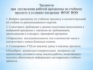 1. Выбрать программу по учебному предмету и соответствующий
ей учебник из рекомендованного перечня.
2. Сопоставить требования к уровню подготовки выпускников в
выбранной программе с таковыми же требованиями,
прописанными в стандарте, примерной программе
3.Определить последовательность тем и количество часов в
соответствии с новым базисным планом.
4. Спланировать УУД по каждому уроку и каждому предмету.
8.Подобрать контрольно-измерительные материалы для
диагностики, составить схему анализа работы, позволяющую
получить объективную информацию для коррекции учебного
процесса.
 