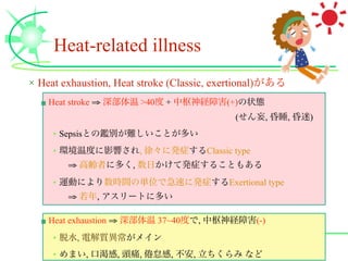 Heat-related illness
× Heat exhaustion, Heat stroke (Classic, exertional)がある
■ Heat stroke ⇒ 深部体温 >40度 + 中枢神経障害(+)の状態
(せん妄...
