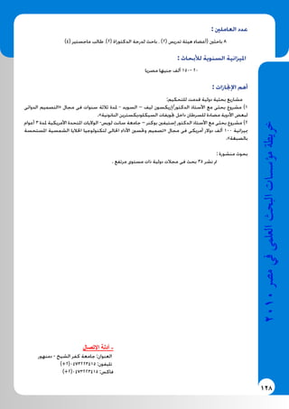 128
2010‫م�رص‬‫يف‬‫العلمى‬‫البحث‬‫ؤ�س�سات‬�‫م‬‫خريطة‬
: ‫العاملني‬ ‫عدد‬
)4( ‫ماجستير‬ ‫طالب‬ ،)2( ‫الدكتوراة‬ ‫لدرجة‬ ‫باحث‬ ، )2( ‫تدريس‬ ‫هيئة‬ ‫(أعضاء‬ ‫باحثني‬ 8
: ‫لألبحاث‬ ‫السنوية‬ ‫امليزانية‬
‫مصريا‬ ‫جنيها‬ ‫ألف‬ 150- 20
: ‫اإلجنازات‬ ‫أهم‬
:‫للتحكيم‬ ‫قدمت‬ ‫دولية‬ ‫بحثية‬ ‫مشاريع‬
‫الدوائى‬ ‫«التصميم‬ ‫مجال‬ ‫فى‬ ‫سنوات‬ ‫ثالثة‬ ‫ملدة‬ - ‫السويد‬ – ‫ليف‬ ‫الدكتور/إريكسون‬ ‫األستاذ‬ ‫مع‬ ‫بحثى‬ ‫مشروع‬ )1
.»‫النانونية‬ ‫السيكلوديكسترين‬ ‫جتويفات‬ ‫داخل‬ ‫للسرطان‬ ‫مضادة‬ ‫األدوية‬ ‫لبعض‬
‫أعوام‬ 3 ‫ملدة‬ ‫األمريكية‬ ‫املتحدة‬ ‫الواليات‬ -‫لويس‬ ‫سانت‬ ‫جامعة‬ – ‫بوكنر‬ ‫إستيفني‬ ‫الدكتور‬ ‫األستاذ‬ ‫مع‬ ‫بحثى‬ ‫مشروع‬ )2
‫املستحسة‬ ‫الشمسية‬ ‫اخلاليا‬ ‫لتكنولوجيا‬ ‫احلالى‬ ‫األداء‬ ‫وحتسني‬ ‫«تصميم‬ ‫مجال‬ ‫فى‬ ‫أمريكى‬ ‫دوالر‬ ‫ألف‬ 100 ‫مبيزانية‬
.»‫بالصبغة‬
: ‫منشورة‬ ‫بحوث‬
. ‫مرتفع‬ ‫مستوى‬ ‫ذات‬ ‫دولية‬ ‫مجالت‬ ‫فى‬ ‫بحث‬ 35 ‫نشر‬ ‫مت‬
‫االتصال‬ ‫أدلة‬ -
‫دمنهور‬ - ‫الشيخ‬ ‫كفر‬ ‫جامعة‬ :‫العنوان‬
)+2(0473223415 :‫تليفون‬
)+2(0473223415 :‫فاكس‬
 