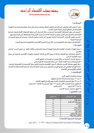 207
2010‫م�رص‬‫يف‬‫العلمى‬‫البحث‬‫ؤ�س�سات‬�‫م‬‫خريطة‬
‫الزراعى‬ ‫صاد‬�‫االقت‬ ‫بحوث‬ ‫معهد‬
www.narims.claes.sci.eg
: ‫الرسالــة‬
‫املتغيرات‬ ‫عن‬ ‫وصحيحة‬ ‫دقيقة‬ ‫بيانات‬ ‫على‬ ‫مبنية‬ ‫بتوصيات‬ ‫الدولة‬ ‫ومخططى‬ ‫السياسة‬ ‫وواضعى‬ ‫القرار‬ ‫متخذى‬ ‫إمداد‬ •
.‫املناسب‬ ‫القرار‬ ‫التخاذ‬ ‫الزراعى‬ ‫القطاع‬ ‫فى‬ ‫االقتصادية‬
‫الزراعية‬ ‫للموارد‬ ‫األمثل‬ ‫االستغالل‬ ‫تتناول‬ ‫التى‬ ‫الدراسات‬ ‫خالل‬ ‫من‬ ‫الزراعية‬ ‫االقتصادية‬ ‫للمشاكل‬ ‫حلول‬ ‫إلى‬ ‫التوصل‬ •
.‫وتنميتها‬ ‫البيئة‬ ‫على‬ ‫احلفاظ‬ ‫مع‬ ‫واملياه‬ ‫األرض‬ ‫موردى‬ ‫من‬ ‫املتاحة‬ ‫الوحدة‬ ‫من‬ ‫إنتاج‬ ‫أقصى‬ ‫على‬ ‫واحلصول‬ ،‫االقتصادية‬
‫السياسات‬ ‫وضع‬ ‫فى‬ ‫تستخدم‬ ‫للبيانات‬ ‫سليمة‬ ‫قاعدة‬ ‫إلى‬ ‫للوصول‬ ‫الزراعية‬ ‫اإلحصائية‬ ‫األساليب‬ ‫وتطوير‬ ‫حتسني‬ •
. ‫الناجحة‬ ‫الزراعية‬
.‫اجلديدة‬ ‫الزراعية‬ ‫للتكنولوجيا‬ ‫االقتصادى‬ ‫التقييم‬ ‫إجراء‬ ‫خالل‬ ‫من‬ ‫التكنولوجيا‬ ‫نقل‬ ‫عملية‬ ‫فى‬ ‫املشاركة‬ •
: ‫الرؤيـــة‬
‫الداخلى‬ ‫التدريب‬ ‫طريق‬ ‫عن‬ ،‫العام‬ ‫والكادر‬ ‫واملساعدين‬ ‫البحثية‬ ‫للهيئة‬ ‫والبحثية‬ ‫العلمية‬ ‫والقدرات‬ ‫املهارات‬ ‫تنمية‬ •
.‫واخلارجى‬
‫مجال‬ ‫فى‬ ‫والدولية‬ ‫اإلقليمية‬ ‫والهيئات‬ ‫املنظمات‬ ‫وكذلك‬ ‫األخرى‬ ‫البحثية‬ ‫واملراكز‬ ‫اجلامعات‬ ‫مع‬ ‫واملشاركة‬ ‫التعاون‬ •
.‫الزراعى‬ ‫االقتصاد‬ ‫بحوث‬
.‫اخلاص‬ ‫الطابع‬ ‫ذات‬ ‫الوحدة‬ ‫دور‬ ‫تفعيل‬ ‫خالل‬ ‫من‬ ‫البحثية‬ ‫اخلدمات‬ ‫تسويق‬ •
.‫الزراعي‬ ‫اإلنتاج‬ ‫اقتصاديات‬ ‫مجال‬ ‫فى‬ « ‫املبكر‬ ‫اإلنذار‬ « ‫وحدة‬ ‫بإنشاء‬ ‫اقتراح‬ •
.‫الزراعية‬ ‫االقتصادية‬ ‫لالستشارات‬ ً‫ا‬‫مركز‬ ‫ليكون‬ ‫والدولية‬ ‫اإلقليمية‬ ‫البحوث‬ ‫وشبكات‬ ‫االنترنت‬ ‫بشبكة‬ ‫املعهد‬ ‫ربط‬ •
‫التغيرات‬ ‫ملواكبة‬ ،‫الالزمة‬ ‫البحثية‬ ‫والدرجات‬ ‫املالية‬ ‫املوارد‬ ‫بتدبير‬ ‫الطبيعى‬ ‫الهرمى‬ ‫الوضع‬ ‫إلى‬ ‫الوظيفى‬ ‫الهيكل‬ ‫إعادة‬ •
.‫االقتصاد‬ ‫فى‬ ‫واإلقليمية‬ ‫العاملية‬
: ‫اإلمكانيات‬
:‫االتي‬ ‫املعهد‬ ‫إمكانيات‬ ‫وتشمل‬
.‫باملعهد‬ ‫الباحثني‬ ‫السادة‬ ‫تخدم‬ ‫سيارة‬ 12 ‫عدد‬ )1
.‫اخملتلفة‬ ‫املعهد‬ ‫بأقسام‬ ‫بهم‬ ‫اخلاصة‬ ‫بالطابعات‬ ‫كمبيوتر‬ ‫جهاز‬ 37 ‫عدد‬ )2
.‫تصوير‬ ‫الة‬ 2 ‫طابعات‬ 9‫و‬ ‫كمبيوتر‬ ‫جهاز‬ 19 « ‫تشمل‬ ‫اآللى‬ ‫للحاسب‬ ‫وحدة‬ ‫باملعهد‬ )3
.‫فــــاكس‬ )5 .‫تصوير‬ ‫آلة‬ 23 ‫عدد‬ )4
.‫االنترنت‬ ‫بخدمة‬ ‫مشترك‬ ‫املعهد‬ )6
: ‫العاملني‬ ‫عدد‬
‫والخاص‬ ‫العام‬ ‫الكادر‬‫العاملين‬ ‫عدد‬
‫بحوث‬ ‫رئيس‬29
‫متفرغ‬ ‫غير‬ ‫بحوث‬ ‫رئيس‬4
‫أول‬ ‫باحث‬53
‫باحث‬74
‫مساعد‬ ‫باحث‬29
‫باحث‬ ‫مساعد‬16
‫العام‬ ‫الكادر‬149
‫متفرغ‬ ‫بحوث‬ ‫رئيس‬89
‫مؤقته‬ ‫بصفة‬ ‫العاملون‬632
: ‫لألبحاث‬ ‫السنوية‬ ‫امليزانية‬
‫جنيه‬ ‫الف‬ 600 2008/2007 ‫عام‬ ‫عن‬ ) ‫ودراسات‬ ‫أبحاث‬ ‫(بند‬ ‫السادس‬ ‫الباب‬ ‫ميزانية‬ -
 