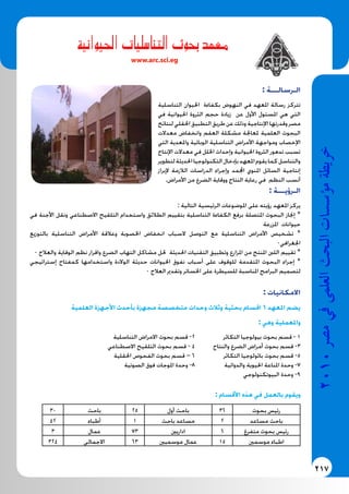 217
2010‫م�رص‬‫يف‬‫العلمى‬‫البحث‬‫ؤ�س�سات‬�‫م‬‫خريطة‬
: ‫الـرسالـــة‬
‫التناسلية‬ ‫احليوان‬ ‫بكفاءة‬ ‫النهوض‬ ‫في‬ ‫املعهد‬ ‫رسالة‬ ‫تتركز‬
‫في‬ ‫احليوانية‬ ‫الثروة‬ ‫حجم‬ ‫زيادة‬ ‫عن‬ ‫األول‬ ‫املسئول‬ ‫هي‬ ‫التي‬
‫لنتائج‬‫احلقلي‬‫التطبيق‬‫طريق‬‫عن‬‫وذلك‬‫اإلنتاجية‬‫وقدرتها‬‫مصر‬
‫معدالت‬ ‫وانخفاض‬ ‫العقم‬ ‫مشكلة‬ ‫ملعاجلة‬ ‫العلمية‬ ‫البحوث‬
‫التي‬ ‫واملعدية‬ ‫الوبائية‬ ‫التناسلية‬ ‫األمراض‬ ‫ومواجهة‬ ‫اإلخصاب‬
‫اإلنتاج‬ ‫معدالت‬ ‫في‬ ‫اخللل‬ ‫وإحداث‬ ‫احليوانية‬ ‫الثروة‬ ‫تدهور‬ ‫تسبب‬
‫لتطوير‬‫احلديثة‬‫التكنولوجيا‬‫بإدخال‬‫املعهد‬‫يقوم‬‫كما‬‫والتناسل‬
‫إلبراز‬ ‫الالزمة‬ ‫الدراسات‬ ‫وإجراء‬ ‫اجملمد‬ ‫املنوي‬ ‫السائل‬ ‫إنتاجية‬
.‫األمراض‬ ‫من‬ ‫الضرع‬ ‫ووقاية‬ ‫النتاج‬ ‫رعاية‬ ‫في‬ ‫النظم‬ ‫أنسب‬
: ‫الـرؤيـــة‬
: ‫التالية‬ ‫الرئيسية‬ ‫املوضوعات‬ ‫على‬ ‫رؤيته‬ ‫املعهد‬ ‫يركز‬
‫في‬ ‫األجنة‬ ‫ونقل‬ ‫االصطناعي‬ ‫التلقيح‬ ‫واستخدام‬ ‫الطالئق‬ ‫بتقييم‬ ‫التناسلية‬ ‫الكفاءة‬ ‫برفع‬ ‫املتصلة‬ ‫البحوث‬ ‫إجناز‬ *
‫املزرعة‬ ‫حيوانات‬
‫بالتوزيع‬ ‫التناسلية‬ ‫األمراض‬ ‫وعالقة‬ ‫اخلصوبة‬ ‫انخفاض‬ ‫السباب‬ ‫التوصل‬ ‫مع‬ ‫التناسلية‬ ‫األمراض‬ ‫تشخيص‬ *
0‫اجلغرافي‬
0 ‫والعالج‬ ‫الوقاية‬ ‫نظم‬ ‫واقرار‬ ‫الضرع‬ ‫التهاب‬ ‫مشاكل‬ ‫حلل‬ ‫احلديثة‬ ‫التقنيات‬ ‫وتطبيق‬ ‫املزارع‬ ‫من‬ ‫املنتج‬ ‫اللنب‬ ‫تقييم‬ *
‫إستراتيجي‬ ‫كمفتاح‬ ‫واستخدامها‬ ‫الوالدة‬ ‫حديثة‬ ‫احليوانات‬ ‫نفوق‬ ‫أسباب‬ ‫على‬ ‫للوقوف‬ ‫املتقدمة‬ ‫البحوث‬ ‫إجراء‬ *
0 ‫العالج‬ ‫وتقدمي‬ ‫اخلسائر‬ ‫على‬ ‫للسيطرة‬ ‫املناسبة‬ ‫البرامج‬ ‫لتصميم‬
: ‫االمكانيات‬
‫العلمية‬ ‫األجهزة‬ ‫بأحدث‬ ‫مجهزة‬ ‫متخصصة‬ ‫وحدات‬ ‫وثالث‬ ‫بحثية‬ ‫اقسام‬ 6 ‫املعهد‬ ‫يضم‬
: ‫وهي‬ ‫واملعملية‬
	‫ة‬‫التناسلي‬ ‫االمراض‬ ‫بحوث‬ ‫قسم‬ -2 		‫التكاثر‬ ‫بيولوجيا‬ ‫بحوث‬ ‫قسم‬ - 1
‫االصطناعي‬ ‫التلقيح‬ ‫بحوث‬ ‫قسم‬ - 4 	‫ج‬‫والنتا‬ ‫الضرع‬ ‫أمراض‬ ‫بحوث‬ ‫قسم‬ -3
‫احلقلية‬ ‫الفحوص‬ ‫بحوث‬ ‫قسم‬ – 6 		‫التكاثر‬ ‫باثولوجيا‬ ‫بحوث‬ ‫قسم‬ -5
‫الصوتية‬ ‫فوق‬ ‫املوجات‬ ‫وحدة‬ -8 		‫والدوائية‬ ‫احليوية‬ ‫املناعة‬ ‫وحدة‬ -7
‫البيوتكنولوجي‬ ‫وحدة‬ -9
: ‫األقسام‬ ‫هذه‬ ‫في‬ ‫بالعمل‬ ‫ويقوم‬
30 ‫باحث‬ 25 ‫أول‬ ‫باحث‬ 36 ‫بحوث‬ ‫رئيس‬
42 ‫أطباء‬ 1 ‫باحث‬ ‫مساعد‬ 2 ‫مساعد‬ ‫باحث‬
3 ‫عمال‬ 73 ‫اداريني‬ 6 ‫متفرغ‬ ‫بحوث‬ ‫رئيس‬
324 ‫االجمالي‬ 63 ‫موسميني‬ ‫عمال‬ 15 ‫موسمني‬ ‫اطباء‬
	 	 		
	 	 	 	
‫احليوانية‬ ‫سليات‬�‫التنا‬ ‫بحوث‬ ‫معهد‬
www.arc.sci.eg
 