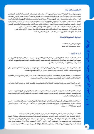 220
2010‫م�رص‬‫يف‬‫العلمى‬‫البحث‬‫ؤ�س�سات‬�‫م‬‫خريطة‬
: ‫املتاحة‬ ‫االمكانيات‬
‫تخدم‬ ‫التي‬ ‫العلمية‬ ‫التخصصات‬ ‫مختلف‬ ‫في‬ ‫بحثية‬ ‫وحدة‬ 52 ‫يتبعهم‬ ‫بحثيا‬ ‫قسما‬ 15 ‫احليوان‬ ‫صحة‬ ‫بحوث‬ ‫مبعهد‬
‫باإلضافة‬ ‫احليواني‬ ‫األصل‬ ‫ذات‬ ‫األغذية‬ ‫صحة‬ ‫وفحوص‬ ‫والسمكية‬ ‫والداجنة‬ ‫احليوانية‬ ‫األمراض‬ ‫وبحوث‬ ‫تشخيص‬ ‫مجاالت‬
‫أربعة‬ ‫علي‬ ‫عالوة‬ ‫اجلمهورية‬ ‫محافظات‬ ‫مبختلف‬ ‫فرعيا‬ ‫معمال‬ 26 ‫عدد‬ ‫املعهد‬ ‫يتبع‬ . ‫متخصصة‬ ‫بحثية‬ ‫وحدات‬ 6 ‫إلى‬
‫التوضيحية‬ ‫بالوسائل‬ ‫مجهز‬ ‫تدريب‬ ‫مركز‬ ‫باملعهد‬ ‫يوجد‬ . ‫اجلمهورية‬ ‫مبواني‬ ‫األغذية‬ ‫فحوص‬ ‫في‬ ‫متخصصة‬ ‫معامل‬
‫املعملي‬ ‫التشخيص‬ ‫خدمات‬ ‫بتقدمي‬ ‫تقوم‬ ) ‫خاص‬ ‫طابع‬ ‫ذات‬ ‫وحدة‬ ( ‫احليوان‬ ‫صحة‬ ‫خدمات‬ ‫وحدة‬ ً‫ا‬‫أيض‬ ‫باملعهد‬ . ‫احلديثة‬
. ‫رمزي‬ ‫أجر‬ ‫نظير‬ ‫وذلك‬ ‫والعام‬ ‫اخلاص‬ ‫والقطاع‬ ‫املزارع‬ ‫ألصحاب‬ ‫والسمكية‬ ‫والداجنة‬ ‫احليوانية‬ ‫لألمراض‬
. ‫فني‬ ‫وعامل‬ ‫إداري‬ 305 ‫وعدد‬ ‫عام‬ ‫كادر‬ 555 ‫عدد‬ ‫و‬ ‫خاص‬ ‫كادر‬ ‫دكتور‬ 711 ‫عدد‬ ‫منهم‬ ‫فرد‬ 1571 ‫باملعهد‬ ‫يعمل‬
					 ‫اخملتلفة‬ ‫التحاليل‬ ‫الجراء‬ ‫الدقيقة‬ ‫العلمية‬ ‫األجهزة‬ ‫أحدث‬ ‫املعهد‬ ‫ميتلك‬ ‫كما‬
		
: ‫لألبحاث‬ ‫السنوية‬ ‫امليزانية‬
2008 -2007 ‫املالى‬ ‫العام‬ ‫خالل‬
‫جنيه‬ ‫الف‬ ‫وخمسمائة‬ ‫مليون‬
: ‫االجنازات‬ ‫أهم‬
‫مت‬ ‫وقد‬ ‫األخرى‬ ‫والدول‬ ‫العربية‬ ‫مصر‬ ‫جمهورية‬ ‫بني‬ ‫العلمي‬ ‫التعاون‬ ‫مجال‬ ‫في‬ ‫الدولي‬ ‫والتعاون‬ ‫الدولية‬ ‫االتفاقيات‬ ‫تنفيذ‬ •
‫البرازيل‬ ‫دول‬ ‫مع‬ ‫املشروعات‬ ‫وإعداد‬ ‫واألبحاث‬ ‫اخلبرات‬ ‫وتبادل‬ ‫التدريبية‬ ‫والبرامج‬ ‫الزيارات‬ ‫مجاالت‬ ‫في‬ ‫التعاون‬ ‫برامج‬ ‫وضع‬
.‫الصني‬ / ‫الكويت‬ / ‫تركيا‬ / ‫اجلزائر‬ / ‫سوريا‬ / ‫تونس‬ /
‫خالل‬ ‫من‬ ‫ذلك‬ ‫و‬ 1997 ‫عام‬ ‫املرض‬ ‫من‬ ‫مصر‬ ‫خلو‬ ‫عن‬ ‫املؤقت‬ ‫اإلعالن‬ ‫و‬ ‫البقري‬ ‫الطاعون‬ ‫مرض‬ ‫على‬ ‫القضاء‬ ‫فى‬ ‫املساهمة‬ •
.‫احملافظات‬ ‫بجميع‬ ‫األبقار‬ ‫فى‬ ‫املناعي‬ ‫املستوى‬ ‫قياس‬ ‫و‬ ‫لتحديد‬ ‫الشامل‬ ‫السيرولوجى‬ ‫املسح‬
‫القالعية‬ ‫واحلمى‬ ‫املتصدع‬ ‫الوادي‬ ‫وحمى‬ ‫األبقار‬ ‫فى‬ ‫والبروسيال‬ ‫الليكوزس‬ ‫مثل‬ ‫الوافدة‬ ‫األمراض‬ ‫مخاطر‬ ‫من‬ ‫البالد‬ ‫حماية‬•
.‫املستوردة‬ ‫واألغذية‬ ‫احليوانات‬ ‫جميع‬ ‫فحص‬ ‫طريق‬ ‫عن‬ « ‫الوافدة‬ ‫األخرى‬ ‫العترات‬ «
‫والدواجن‬ ‫احليوان‬ ‫أمراض‬ ‫عن‬ ‫املبكر‬ ‫للكشف‬ ‫والسريعة‬ ‫احلديثة‬ ‫االختبارات‬ ‫استخدام‬ ‫طريق‬ ‫عن‬ ‫املرضي‬ ‫اإلهدار‬ ‫من‬ ‫احلد‬ •
.‫واألسماك‬
‫احلقلية‬ ‫املأموريات‬ ‫طريق‬ ‫عن‬ ‫باألمراض‬ ‫اإلصابة‬ ‫نسب‬ ‫انخفاض‬ ‫نتيجة‬ ‫والدواجن‬ ‫للحيوانات‬ ‫اإلنتاجية‬ ‫القدرة‬ ‫ارتفعت‬ •
‫والداجنة‬ ‫احليوانية‬ ‫باألمراض‬ ‫املتعلقة‬ ‫والتجريبية‬ ‫احلقلية‬ ‫البحوث‬ ‫وإجراء‬ ‫األمراض‬ ‫لتشخيص‬ ‫املعملية‬ ‫الفحوص‬ ‫وإجراء‬
.‫البيئية‬ ‫وامللوثات‬ ‫والسمكية‬
‫احلمى‬ – ‫املتصدع‬ ‫الوادي‬ ‫حمى‬ – ‫البقري‬ ‫الطاعون‬ ‫مثل‬ ‫الهامة‬ ‫لألمراض‬ ‫املناعي‬ ‫املستوى‬ ‫وقياس‬ ‫الشامل‬ ‫املسح‬ ‫إجراء‬ •
‫املستوى‬ ‫بقياس‬ 2008/6/30 ‫إلى‬ 2007/7/1 ‫من‬ ‫الفترة‬ ‫خالل‬ ‫املعهد‬ ‫قام‬ ‫وقد‬ ‫احليوان‬ ‫في‬ ‫العقدي‬ ‫اجللد‬ ‫مرض‬ – ‫القالعية‬
. ‫عينة‬ ) 14695 ( ‫لعدد‬ ‫املناعى‬
.‫والتوكسوبالزما‬ ‫املعدى‬ ‫االجهاض‬ ‫مرض‬ ‫مثل‬ ‫لالنسان‬ ‫تنتقل‬ ‫التى‬ ‫املشتركة‬ ‫األمراض‬ ‫عن‬ ‫الكشف‬ •
‫املعدة‬ ‫أو‬ ً‫ا‬‫محلي‬ ‫املستهلكة‬ ‫سواء‬ ‫واحمللية‬ ‫املستوردة‬ ‫ومنتجاتها‬ ‫احليواني‬ ‫األصل‬ ‫ذات‬ ‫األغذية‬ ‫على‬ ‫الصحية‬ ‫الرقابة‬ •
‫املشتركة‬ ‫واألمراض‬ ‫احليوان‬ ‫أمراض‬ ‫مسببات‬ ‫من‬ ‫خلوها‬ ‫من‬ ‫والتأكد‬ ‫اآلدمي‬ ‫لالستهالك‬ ‫صالحيتها‬ ‫إلقرار‬ ‫للتصدير‬
‫مواد‬ ‫رسائل‬ ‫من‬ ‫عينة‬ )23573(‫عدد‬ ‫بفحص‬ 2008/6/30 ‫إلى‬ 2007/7/1 ‫من‬ ‫الفترة‬ ‫خالل‬ ‫املعهد‬ ‫قام‬ ‫.وقد‬ ‫الضارة‬ ‫والبقايا‬
‫منتجة‬ ‫عينة‬ )2653( ‫عدد‬ ‫وفحص‬ ،‫اآلدمى‬ ‫لإلستهالك‬ ‫صاحلة‬ ‫غير‬ ‫عينة‬ )51(‫عدد‬ ‫فيها‬ ‫وجاء‬ ‫اخلارج‬ ‫من‬ ‫واردة‬ ‫غذائية‬
 