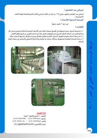 224
2010‫م�رص‬‫يف‬‫العلمى‬‫البحث‬‫ؤ�س�سات‬�‫م‬‫خريطة‬
: ‫العاملني‬ ‫عدد‬ ‫إجمالي‬
‫خملتلف‬ ‫املؤقتة‬ ‫والعمالة‬ ‫العام‬ ‫والكادر‬ ‫البحثي‬ ‫الكادر‬ ‫من‬ ‫كل‬ ‫من‬ 1199 ‫حوالي‬ ‫باملعهد‬ ‫العاملني‬ ‫عدد‬ ‫إجمالي‬
. ‫التخصصات‬
: ‫لألبحاث‬ ‫السنوية‬ ‫امليزانية‬
. ً‫ا‬‫جنيه‬ ‫مليون‬ 2 ‫حدود‬ ‫في‬
: ‫اإلجنازات‬
‫اآلن‬ ‫وحتى‬ ‫باستمرار‬ ‫املتداولة‬ ‫التجارية‬ ‫األصناف‬ ‫على‬ ‫اجلودة‬ ‫وصفات‬ ‫احملصول‬ ‫في‬ ‫متفوقة‬ ‫جديدة‬ ‫أصناف‬ ‫استنباط‬ ‫مت‬ .1
. ‫القطن‬ ‫قطاع‬ ‫طريق‬ ‫عن‬ ‫القومي‬ ‫الدخل‬ ‫في‬ ‫عائد‬ ‫حتقيق‬ ‫مت‬ ‫طريقها‬ ‫وعن‬ ‫املصري‬ ‫القطن‬ ‫أصناف‬ ‫من‬ ‫العديد‬ ‫إنتاج‬ ‫مت‬
. ً‫ا‬‫حالي‬ ‫البحثية‬ ‫برامجها‬ ‫استكمال‬ ‫وجارى‬ ‫واجلفاف‬ ‫العالية‬ ‫كاحلرارة‬ ‫الصعبة‬ ‫للظروف‬ ‫مقاومة‬ ‫أصناف‬ ‫استنباط‬ ‫مت‬ .2
‫اجلودة‬ ‫صفات‬ ‫في‬ ‫والتجانس‬ ‫التصافي‬ ‫لزيادة‬ً‫ا‬‫وراثي‬ ‫ونقية‬ً‫ا‬‫جد‬ ‫حديثة‬ ‫بسالالت‬ ‫املستهدفة‬ ‫القطنية‬ ‫املساحة‬ ‫زراعة‬ ‫مت‬ .3
. ‫والتيلة‬
‫االتصال‬ ‫أدلة‬
‫–اجليزة‬ ‫اجلامعة‬ ‫شارع‬ 9 : ‫العنوان‬
)+2(0235726998 - )+2(0235723442 :‫تليفون‬
)+2(0235725035 - )+2(0235723442: ‫فاكس‬
cri_egypt@yahoo.com :‫االلكترونى‬ ‫البريد‬
 