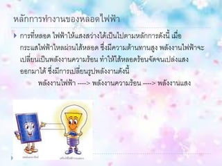 หลักการทางานของหลอดไฟฟ้า
 การที่หลอด ไฟฟ้าให้แสงสว่างได้เป็นไปตามหลักการดังนี้ เมื่อ
กระแสไฟฟ้าไหลผ่านไส้หลอด ซึ่งมีความต้านทานสูง พลังงานไฟฟ้าจะ
เปลี่ยนเป็นพลังงานความร้อน ทาให้ไส้หลอดร้อนจัดจนเปล่งแสง
ออกมาได้ ซึ่งมีการเปลี่ยนรูปพลังงานดังนี้
พลังงานไฟฟ้า ----> พลังงานความร้อน ----> พลังงานแสง
 