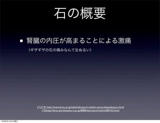 石の概要
• 腎臓の内圧が高まることによる激痛
（ギザギザの石の痛みなんて生ぬるい）
(*1)(*3) http://www.kmu.ac.jp/takii/tokusyu/t-saishin-nyourokessekisyou.html
(*2)http://bme.ahs.kitasato-u.ac.jp:8080/docs/qrs/imd/imd00152.html
13年8月14日水曜日
 