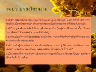 ขอบข่ายของโครงงาน
1. เป็นกิจกรรมการเรียนให้นักเรียนศึกษา ค้นคว้า ปฏิบัติดัวยตนเองโดยอาศัยหลักวิชาการทาง
ทฤษฎีตามเนื้อหาโครงงานนั้นๆ หรือจากประสบการณ์และกิจกรรมต่าง ๆ ที่ได้พบเห็นมากแล้ว
2. นักเรียนทุกคนพิจารณาจัดทําโครงงานด้วยตนเอง หรือเป็นกลุ่มโดยใช้ระยะเวลาสั้นๆ เป็นภาค
เรียน หรือมากว่าก็ได้ แล้วแต่โครงงานเล็กหรือใหญ่
3. นักเรียนเป็นผู้พิจารณาริเริ่มสร้างสรรค์ คัดเลือกโครงงานที่จะศึกษาค้นคว้าปฏิบัติด้วยตนเองตาม
ความถนัด สนใจ และความพร้อม
4. นักเรียนเป็นผู้เสนอโครงงาน รายละเอียดของโครงงาน แผนปฏิบัติงานและการแปลผล รายงาน
ผลต่ออาจารย์ที่ปรึกษา เพื่อดําเนินงานร่วมกันให้บรรลุตามจุดหมายที่กําหนดไว้
5. เป็นโครงงานที่เหมาะสมกับความรู้ ความสามารถของนักเรียนตามวัยและสติปัญญา รวมทั้งการ
ใช้จ่ายเงินดําเนินงานด้วย
 